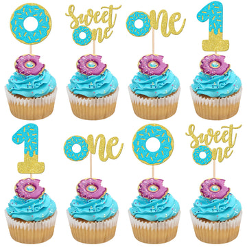 24 PCS Sweet One Donut Cupcake Toppers Glitter Donut One Cupcake Picks Donut First Birthday Party Decoration for Sweet Donut The