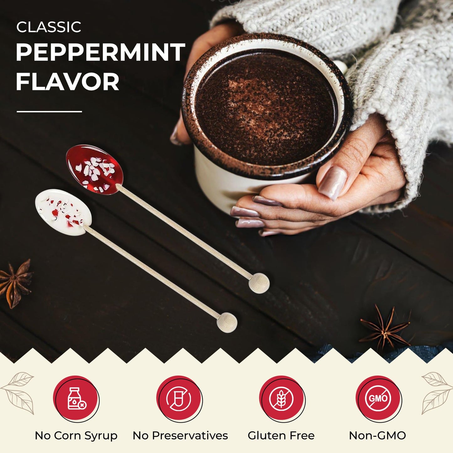 Melville Candy Hot Cocoa/Latte Peppermint Spoon Gift Set – Spoons & Lollipops On Wooden Ball Sticks – Made In The Usa Stirrers For Hot Cocoa, Lattes, Coffee, & Hot Beverages - Individually Wrapped (6-Count, Peppermint)