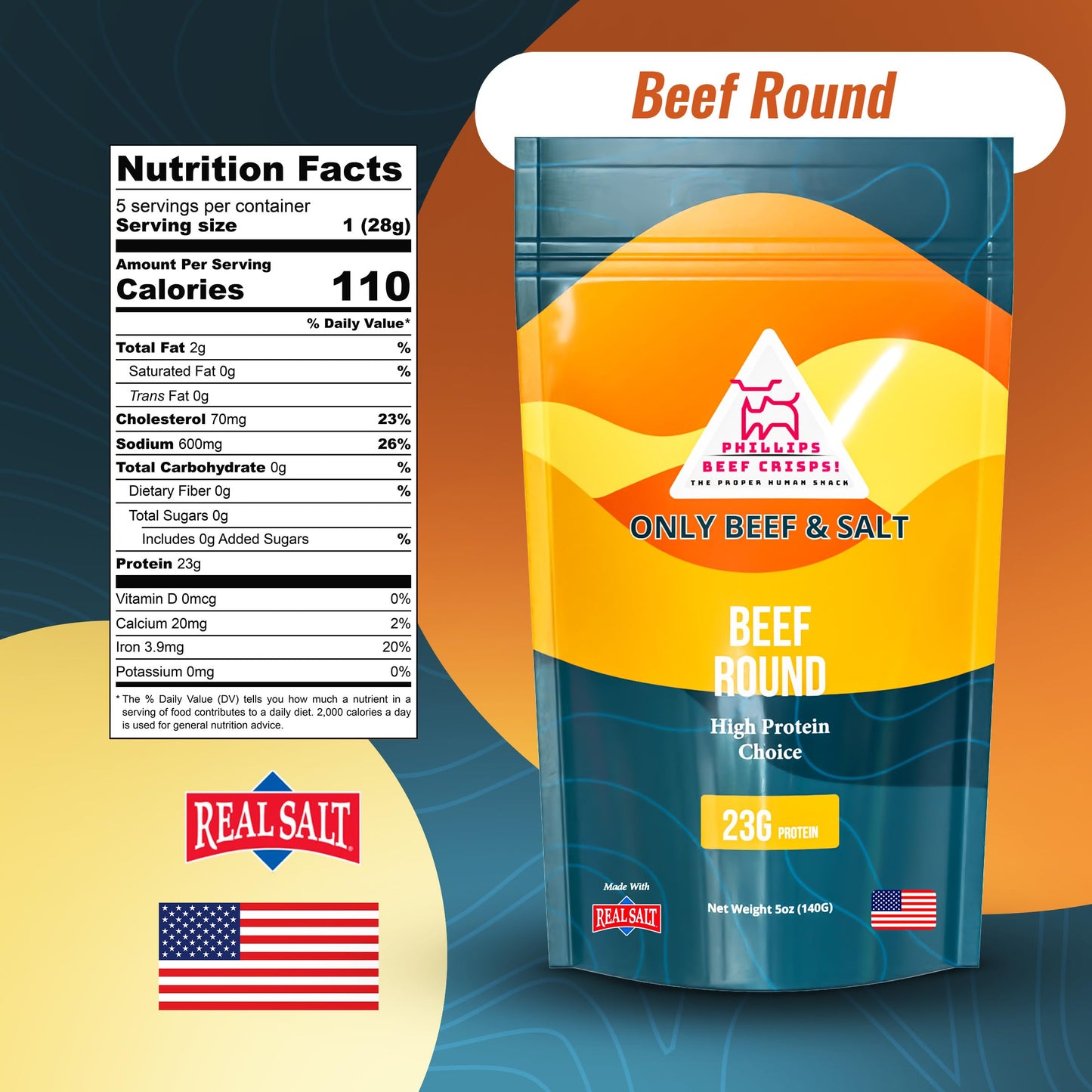 Phillips Beef Crisps - Round - Only Beef & Salt - Zero Carbs - Zero Sugar - High Protein Meat Snacks - 23g Protein