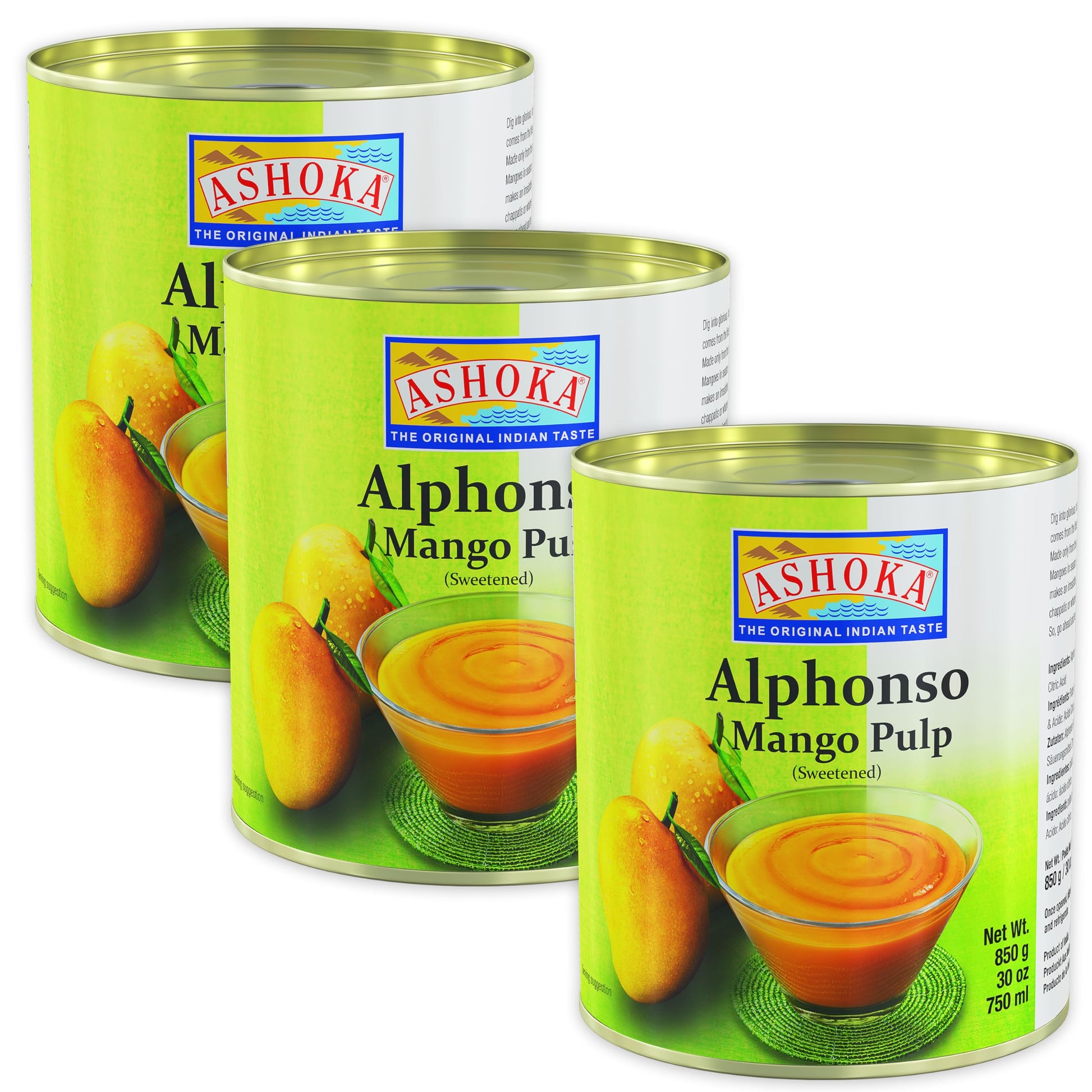ASHOKA Canned Mango Pulp - Premium Alphonso Mango Extract, Sweetened, 30 Ounce (Pack of 3)
