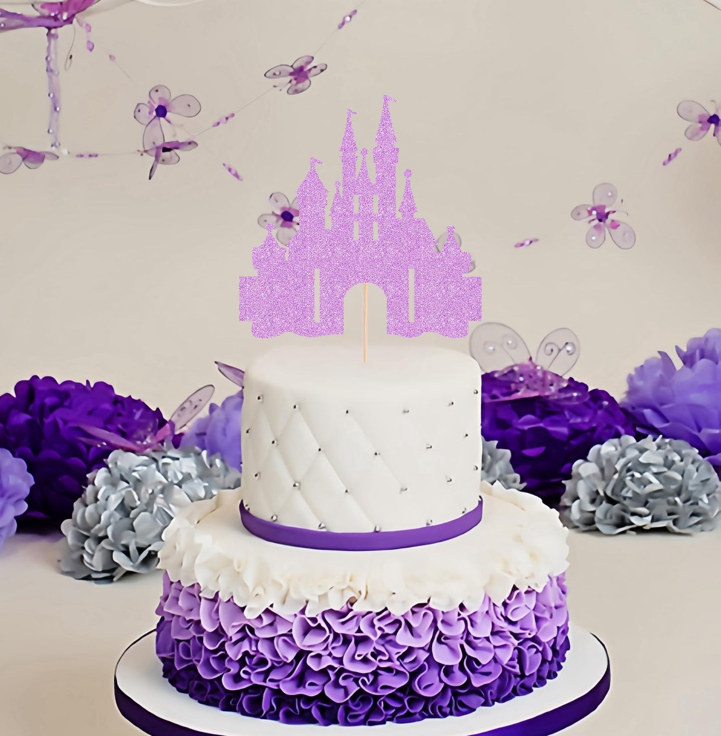 EONNCNT Castle Cake Topper - Purple Glitter Cardboard Birthday Decoration, 6.3x8.7