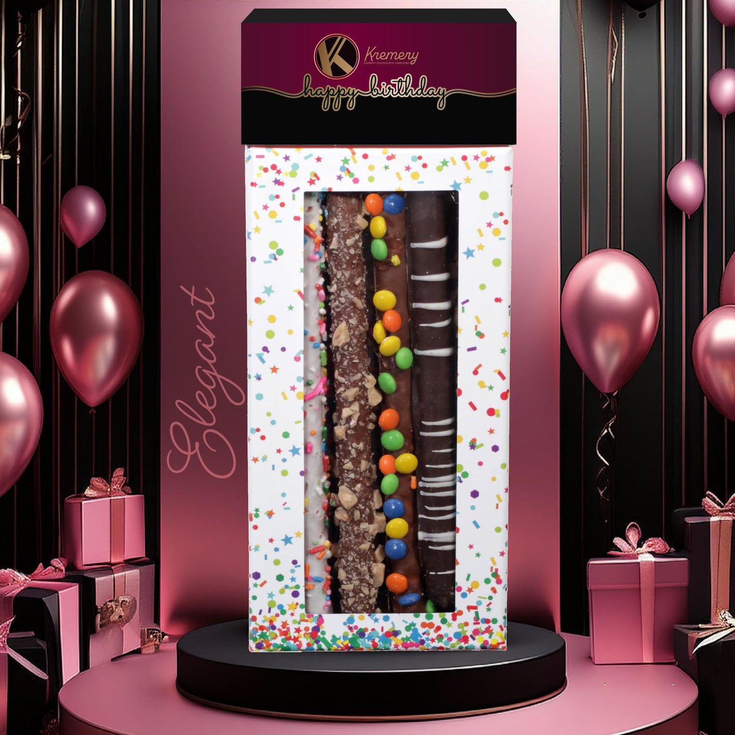 Nut Cravings KREMERY Chocolate Covered Pretzel Rods Gift Basket, 10 Piece Set, Assorted Toppings, Birthday  , Confetti Tower