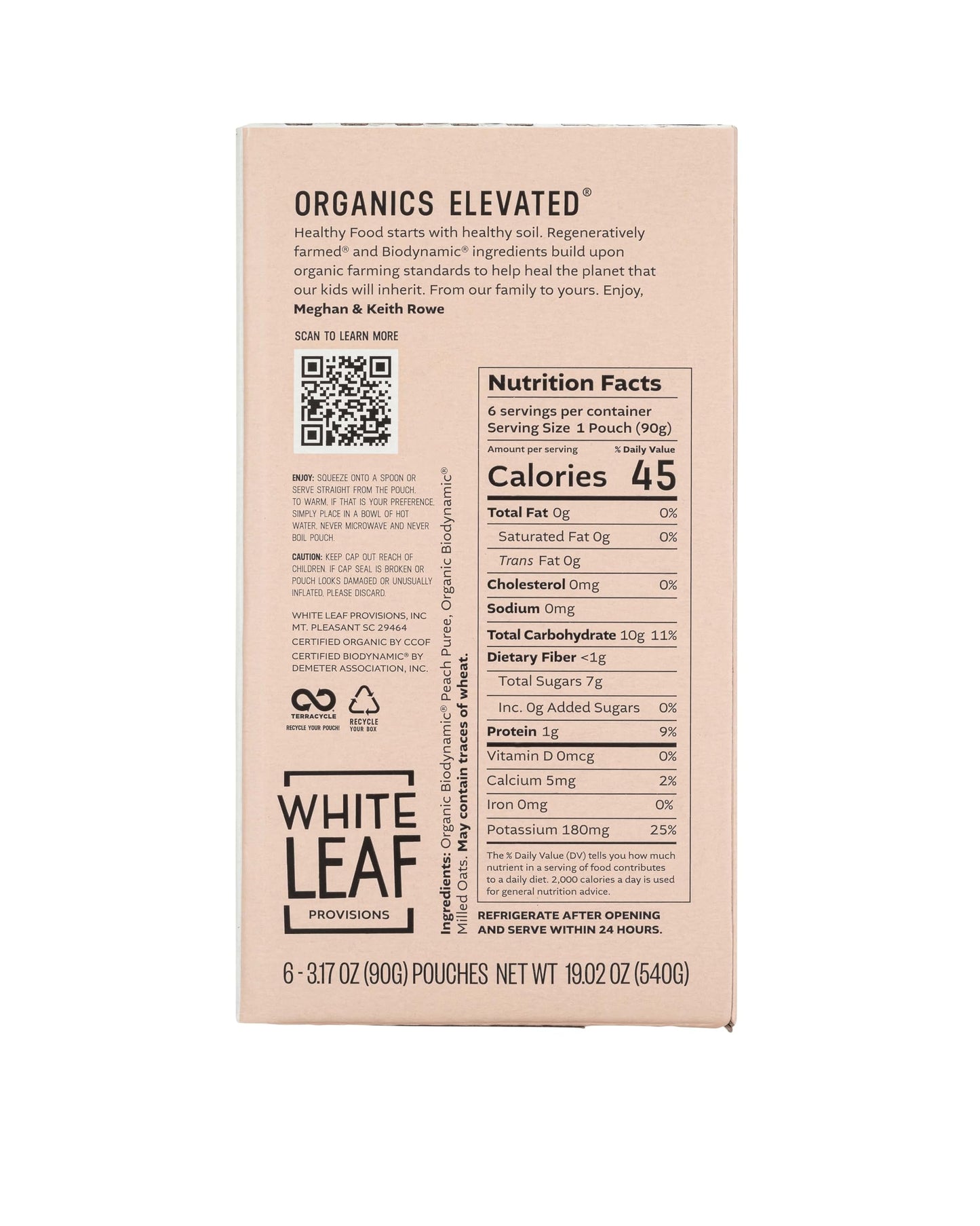 White Leaf Provisions Organic Purees/Baby Food Pouches - Fruits, Veggies & Grains, Toddler Snack, Regeneratively Farmed, No Added Sugar, Non-Gmo, Bpa-Free Pouches 3.17 Oz (Pack Of 24, Peach + Oat)