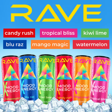 X Mood Energy RAVE Mood Energy Drink with Functional Mushrooms, Nootropics, 225mg Caffeine, 12 fl oz – 12 Pack, Tropical Bliss Flavor