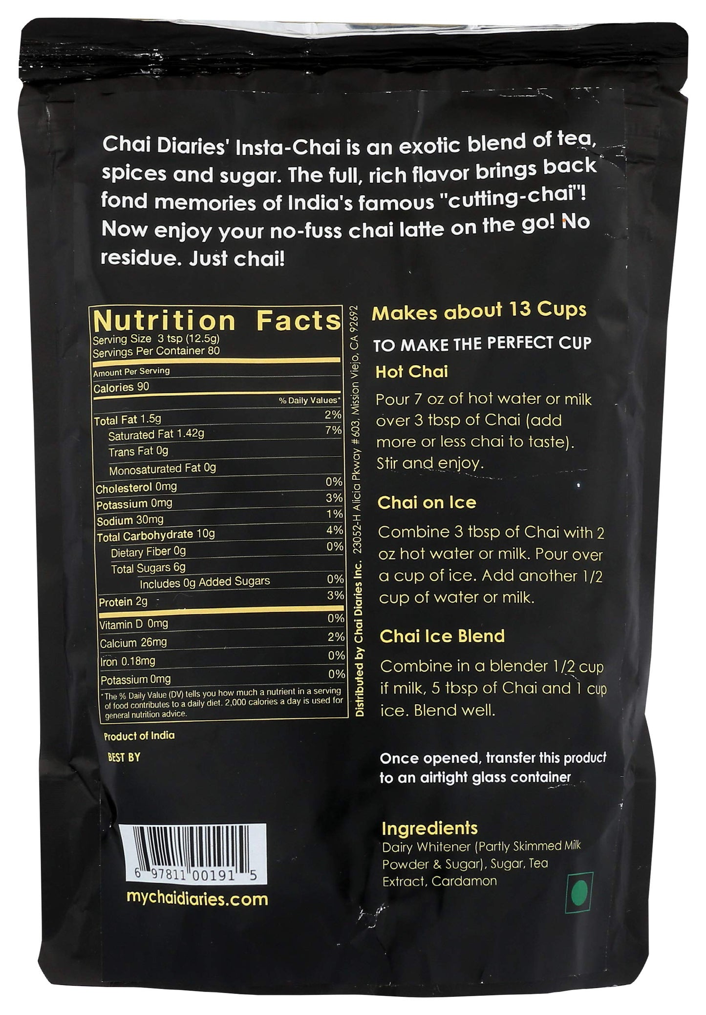 CHAI DIARIES Instant Tea - Cardamom Chai Latte Premix - 14 Ounces - Authentic Flavor