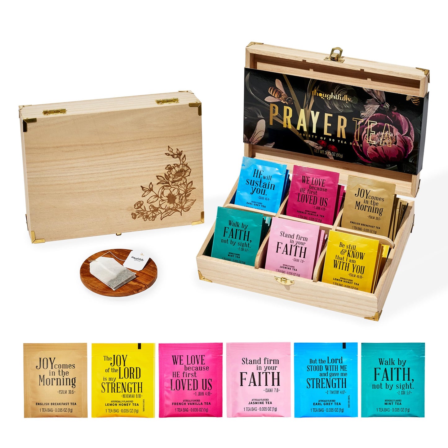 Thoughtfully Gourmet, Christian Prayer Tea Gift Set With Bible Verses, Includes 90 Teas In 6 Flavors In Enhanced Wooden Box, Religious Gifts For Women, Mom, Sister, Friend