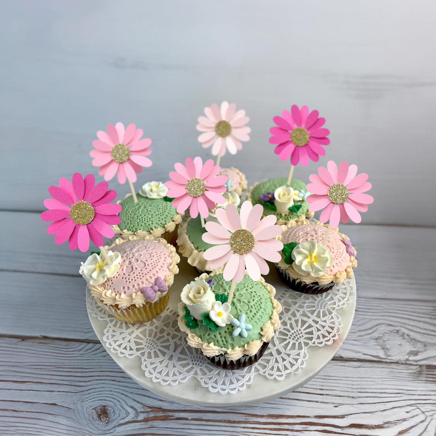 Ephlyn 24Pcs Daisy Cupcake Toppers Flower Cake Decorations 4.3cm x 12cm Rose Red Pink Paper