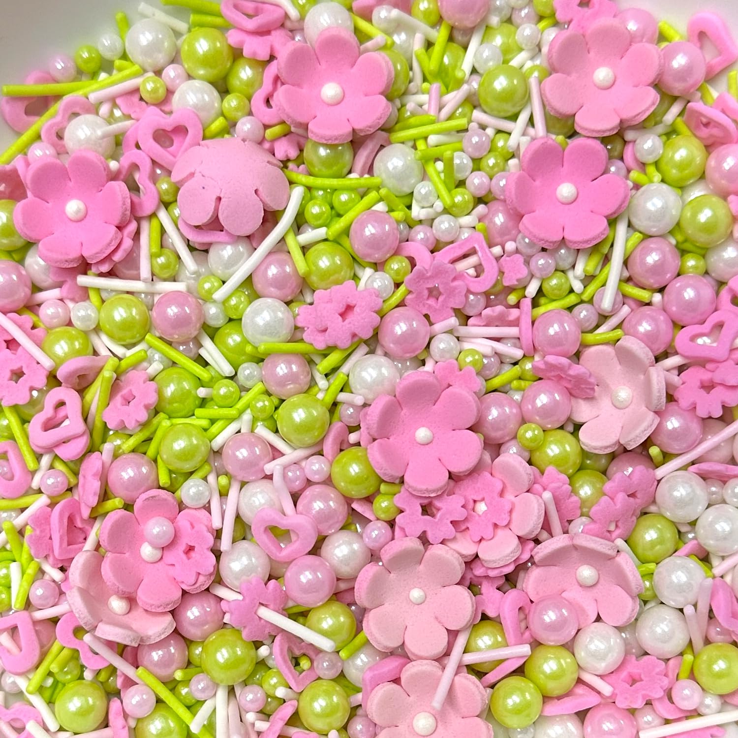 Flowers Sprinkles for Cake Decorating, 15 Pink Flowers Icing Decorations - 7 oz Easter Pastel Sprinkles Green Pink Sugar Pearls 