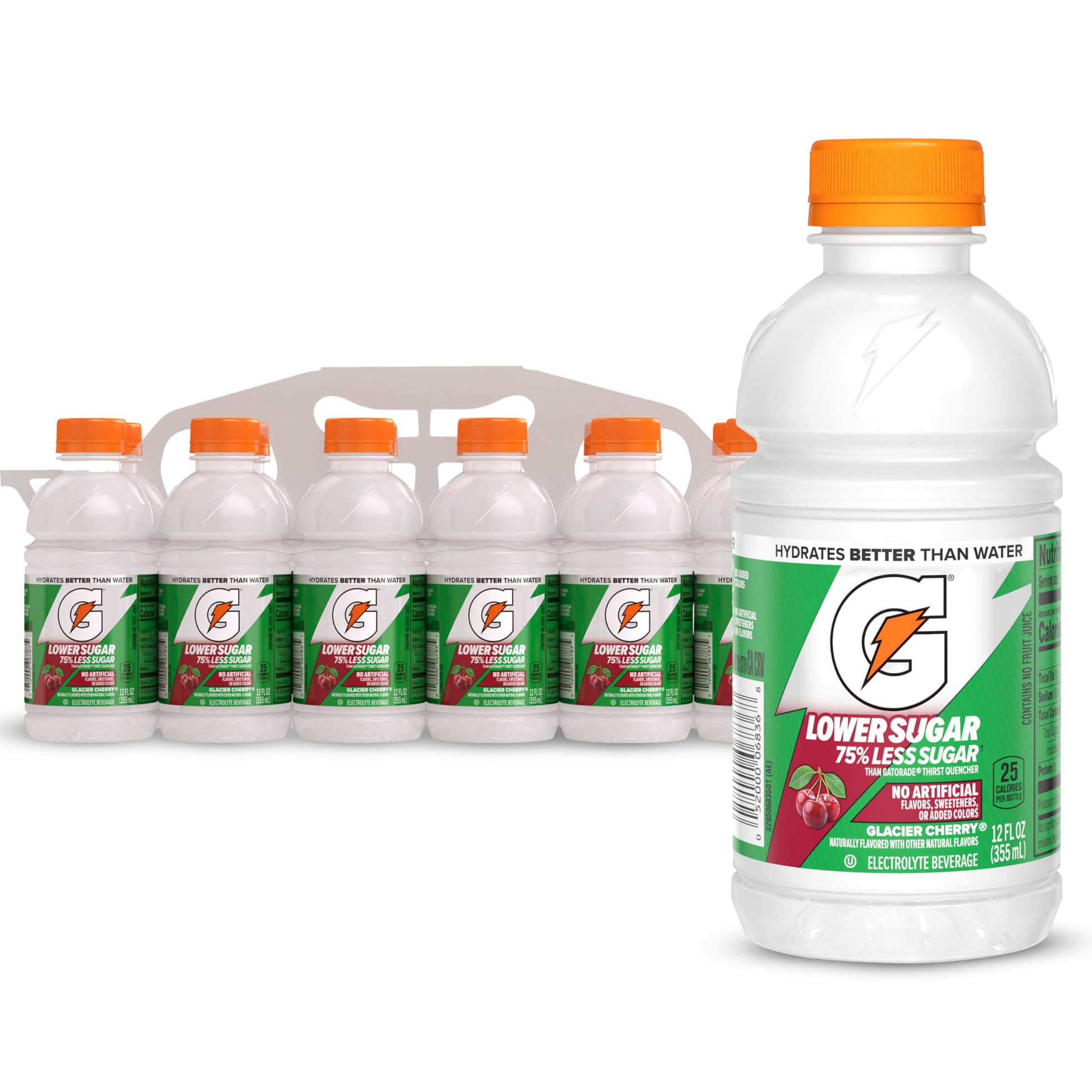 Gatorade Lower Sugar Electrolyte Sports Drink, Glacier Cherry, 12 fl oz Bottles, (12 Pack), 75% Less Sugar, No Artificial Flavor