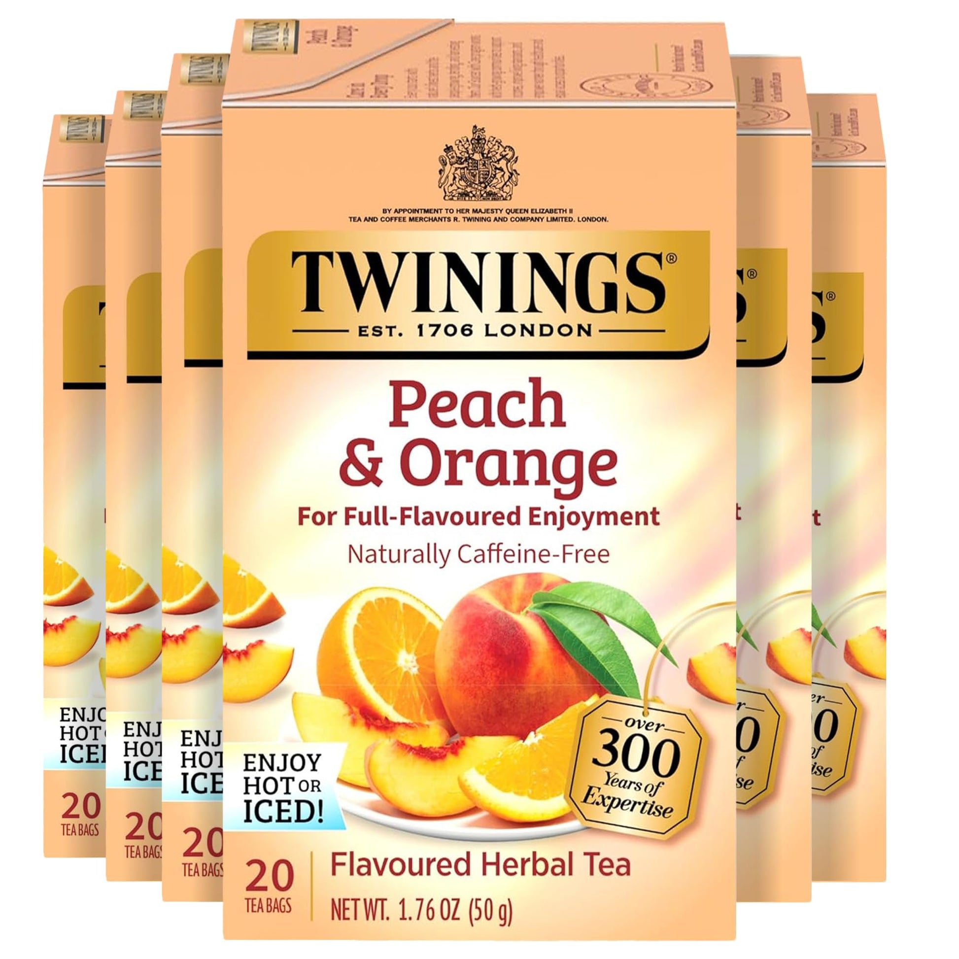 Twinings Peach & Orange Herbal Tea, 20 Count (Pack of 6), Caffeine-Free, Individually Wrapped Teabags