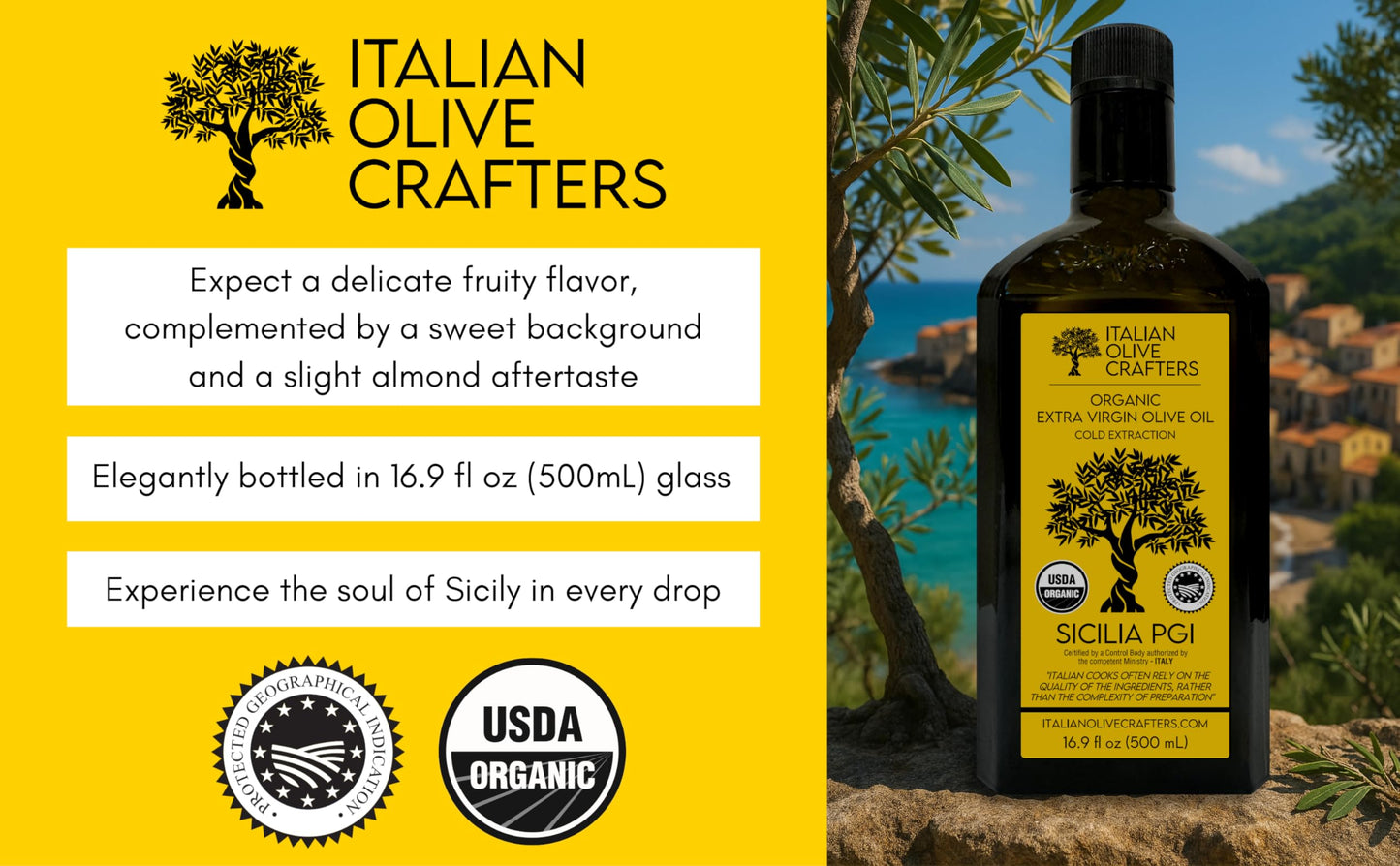 Italian Olive Crafters  Polyphenol Rich Organic Extra Virgin Olive Oil  16.9 fl oz - Organic Olive Oil Extra Virgin Cold Pressed Glass Bottle
