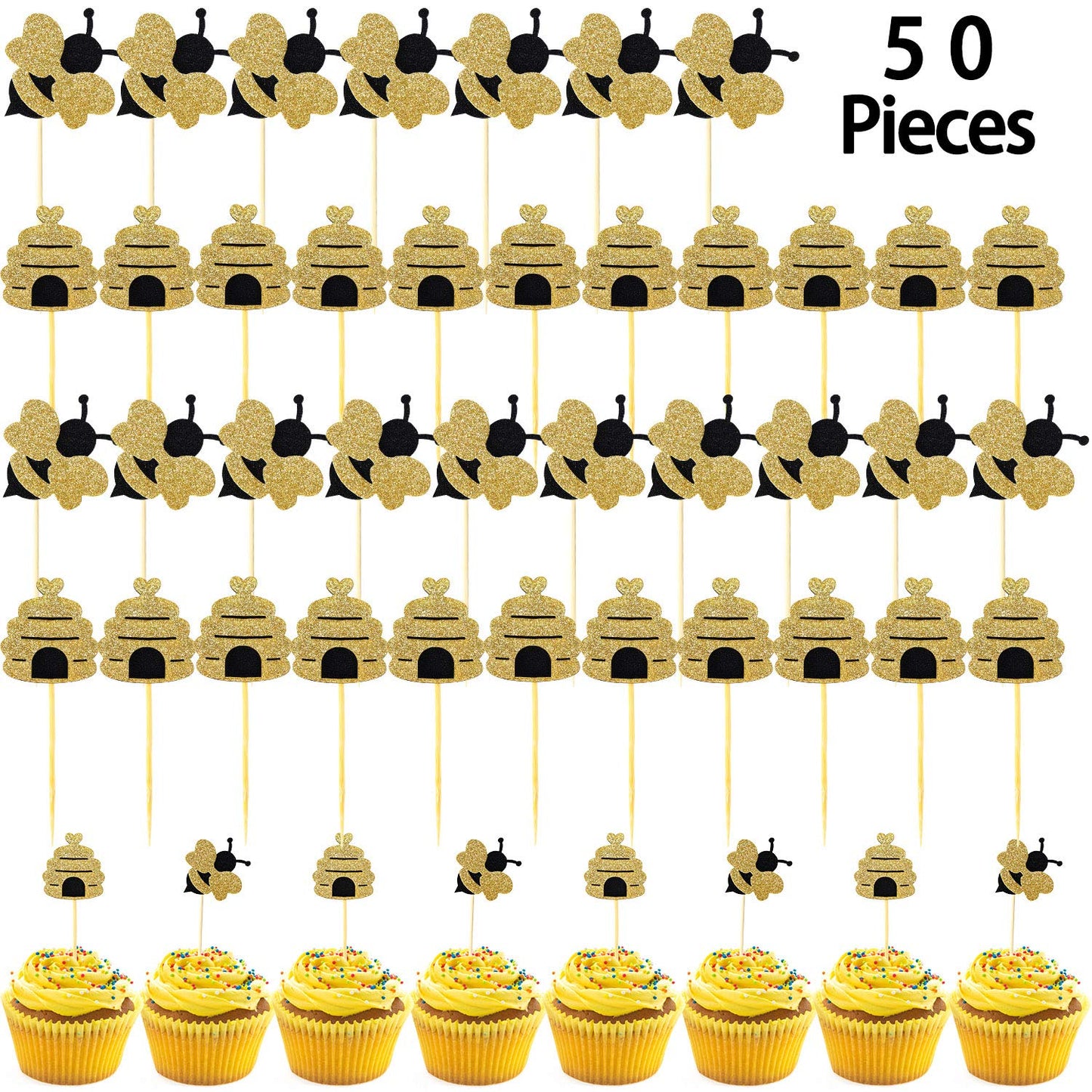 Zonon 50 Pieces Bee Toothpicks Bulk Bee Cupcake Toppers Glitter Bee Cake Picks Decorations For Baby Shower Birthday Party Favors