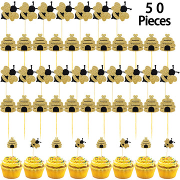 Zonon 50 Pieces Bee Toothpicks Bulk Bee Cupcake Toppers Glitter Bee Cake Picks Decorations For Baby Shower Birthday Party Favors