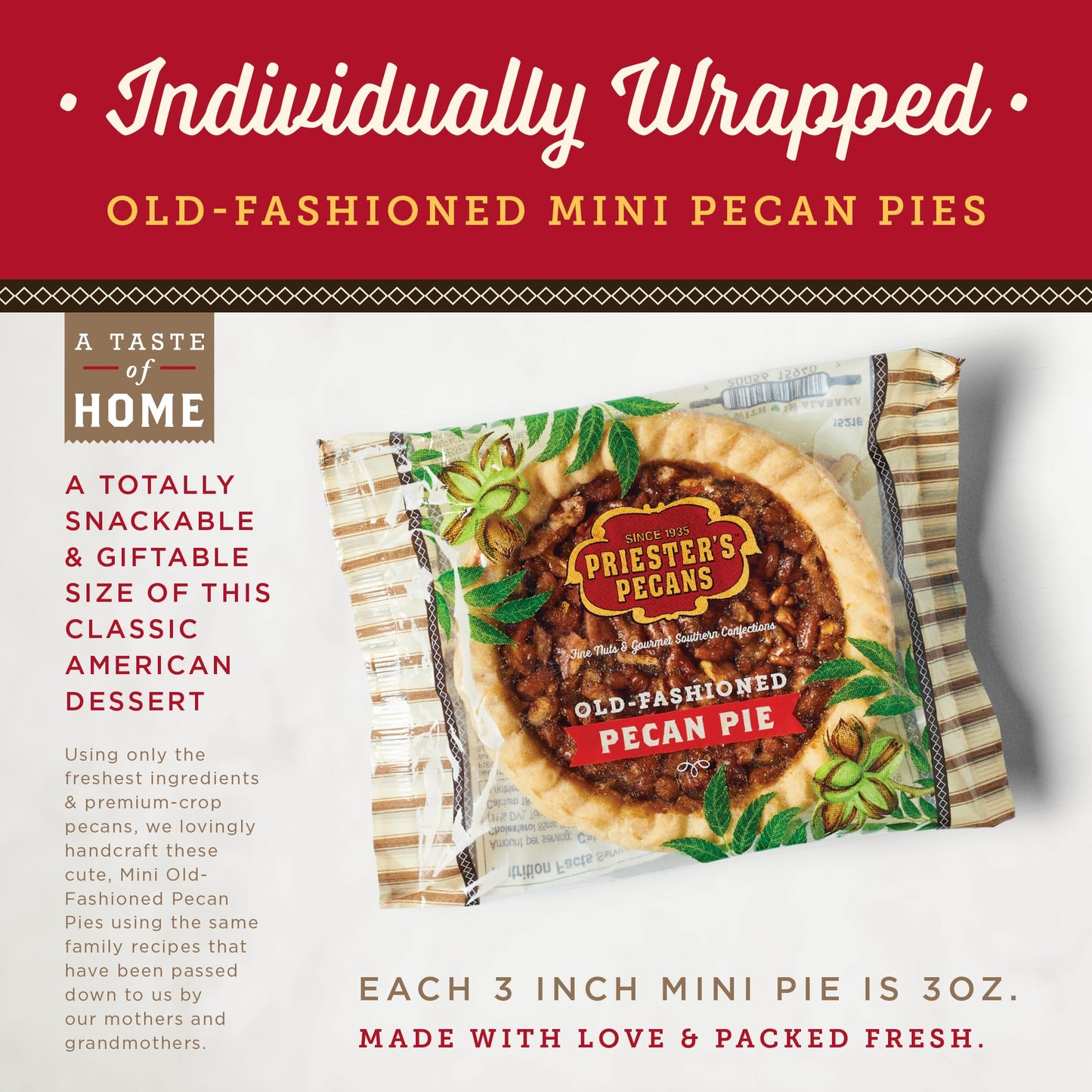 PRIESTERS Mini Old-Fashioned Pecan Pies, Case of 12, 3oz Each, Perfect for Entertaining