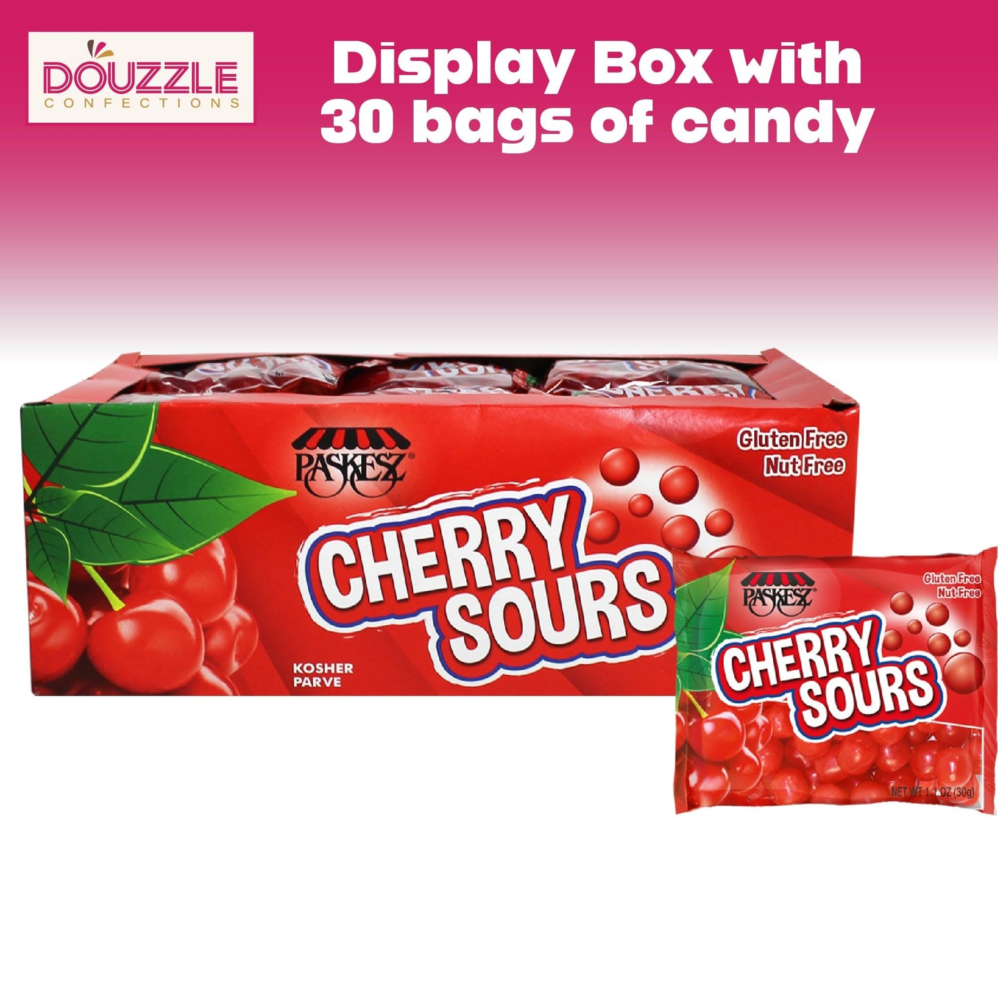 DOUzzle Back To School Cherry Sours Red Candy Balls, Chewy Candies, Mini Packs (30 Count, 1 Pack) Individually Wrapped, Party Fa