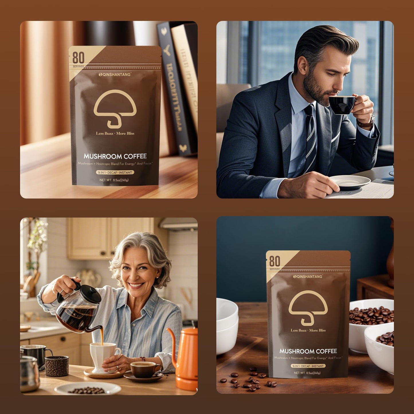 Decaf Mushroom Instant Coffee  14 Mushrooms dietary product  Large 80 Servings | Lions Mane  Reishi  Chaga  Cordyceps  Shiitake | Energy Focus Immunity | Decaffeinated Instant Coffee Powder  8.5 Oz