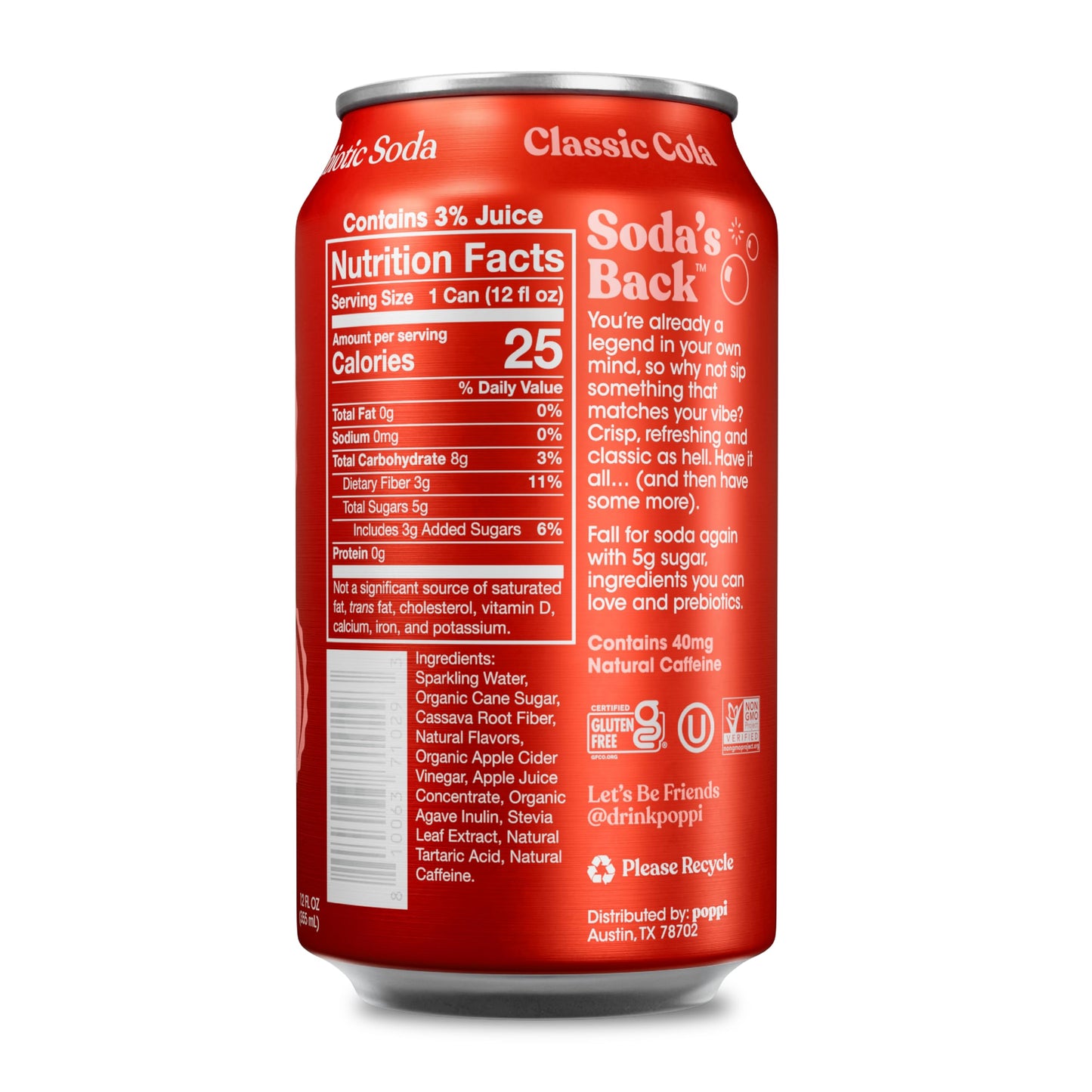Poppi Prebiotic Cola Soda, 12 Fl Oz (Pack of 1), Model 0810063710293
