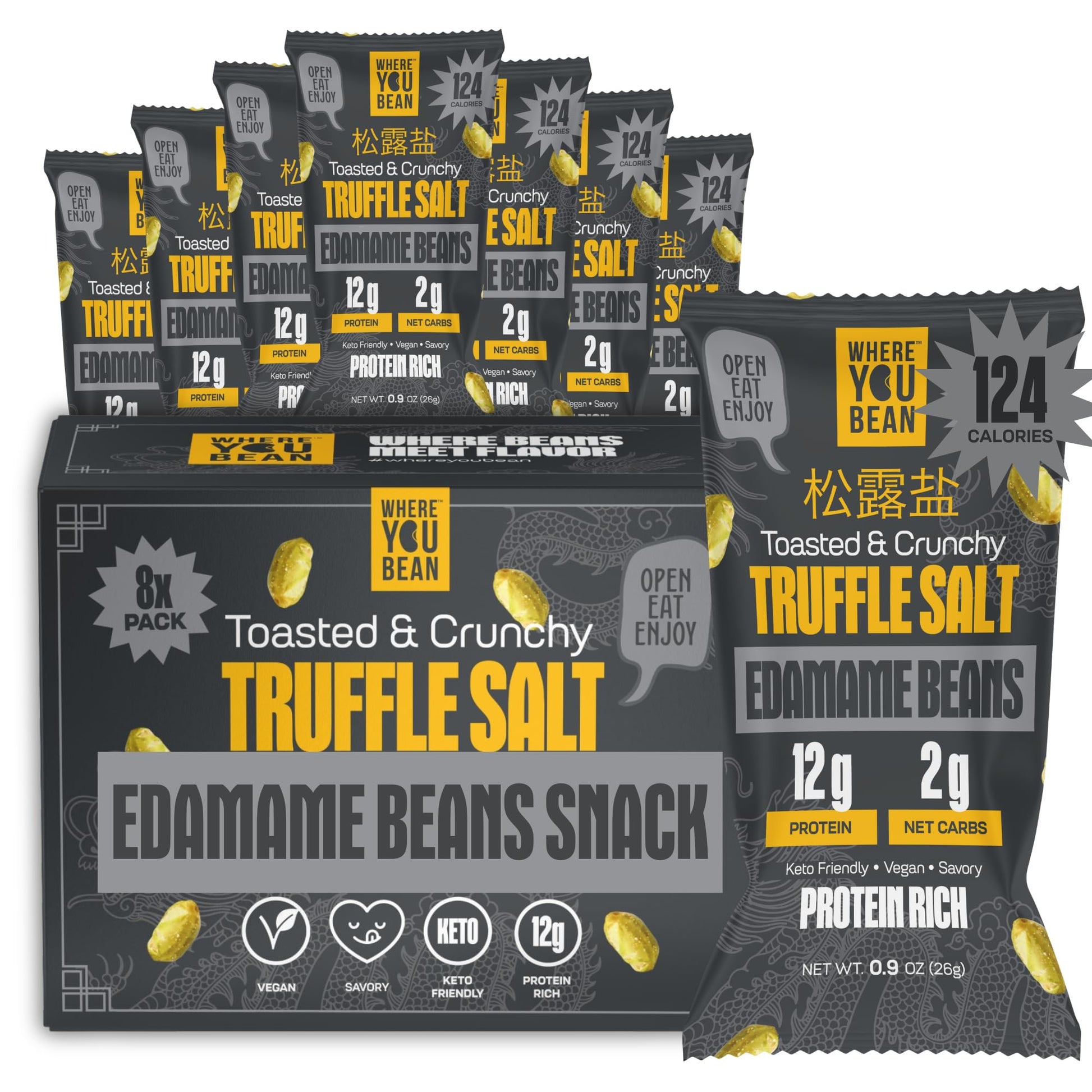 Where You Bean Edamame Beans Snack, Truffle Salt, High Protein, Keto & Vegan, 0.9 oz (Pack of 8), Multicolor