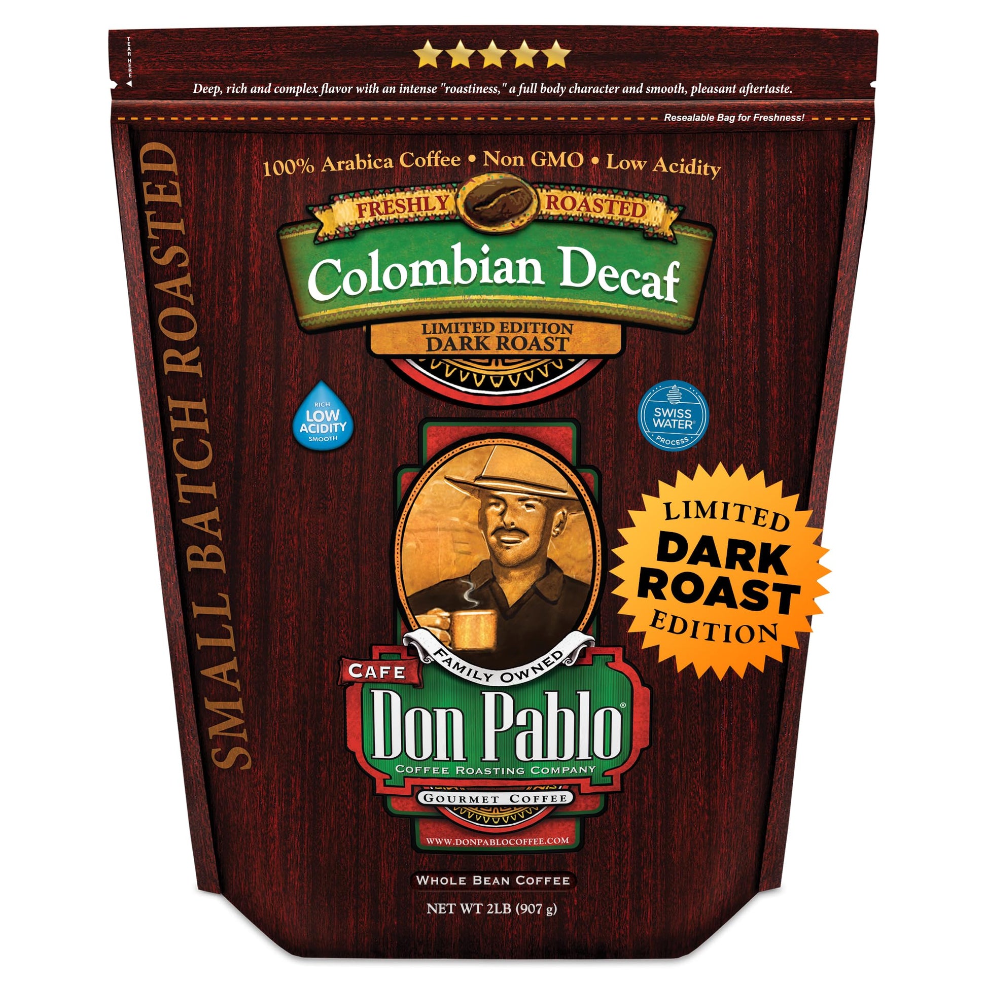 Cafe Don Pablo Colombian Decaf Coffee - Dark Roast, 100% Arabica Whole Bean, Swiss Water Process, 32 Ounce Bag