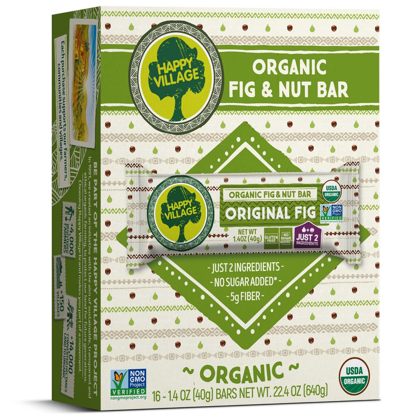 Happy Village Organic Fig & Nut Bar, Original Fig | Only 2 Ingredients, Gluten Free, No Added Sugar, Kosher, Non-Gmo, Vegan, Good Source Of Fiber | Organic Healthy Snack Bars (16 Bars, 1.4 Oz Each)