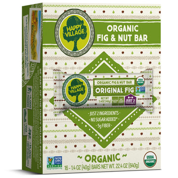 Happy Village Organic Fig & Nut Bar, Original Fig | Only 2 Ingredients, Gluten Free, No Added Sugar, Kosher, Non-Gmo, Vegan, Good Source Of Fiber | Organic Healthy Snack Bars (16 Bars, 1.4 Oz Each)