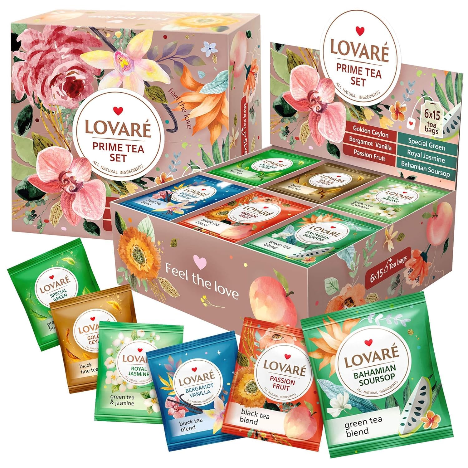 LOVARE Black and Green Tea Bags Variety Pack - 90 Assorted Individually Wrapped Tea Bags - Gift Box for Tea Lovers