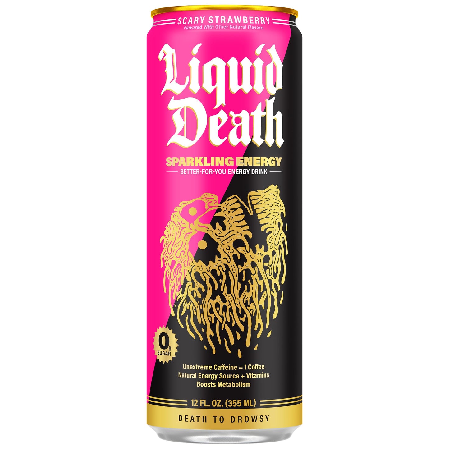 Liquid Death Sparkling Energy - Scary Strawberry (Strawberry and Lemon Flavor)  Sugar-Free Energy Drink  Unextreme Caffeine 100mg  Essential Vitamins  12 Fl Oz (Pack of 12)