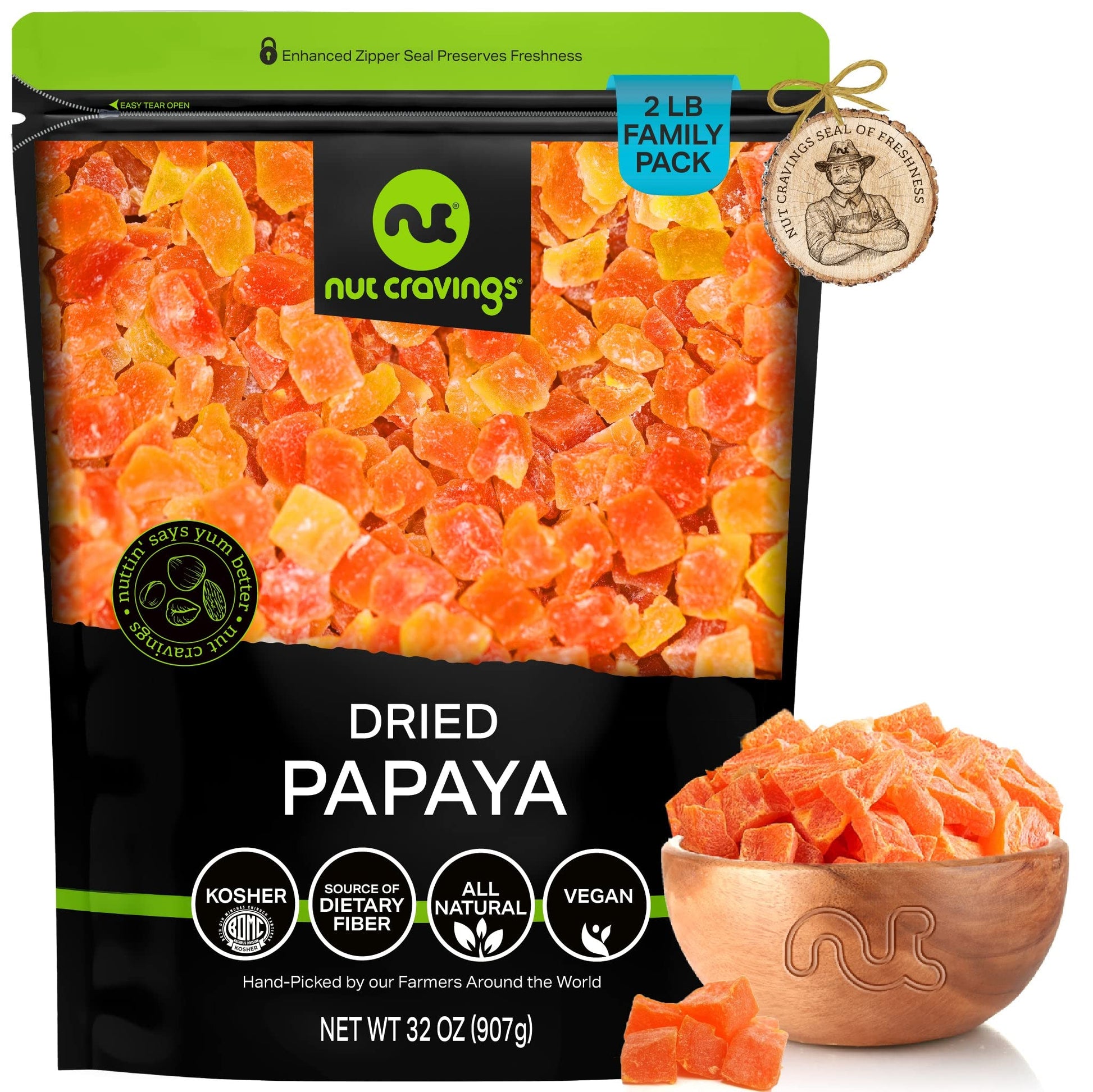 Nut Cravings Dry Fruits - Sun Dried Papaya Chunks, With Sugar Added (32Oz - 2 Lb) Packed Fresh In Resealable Bag - Sweet Snack,