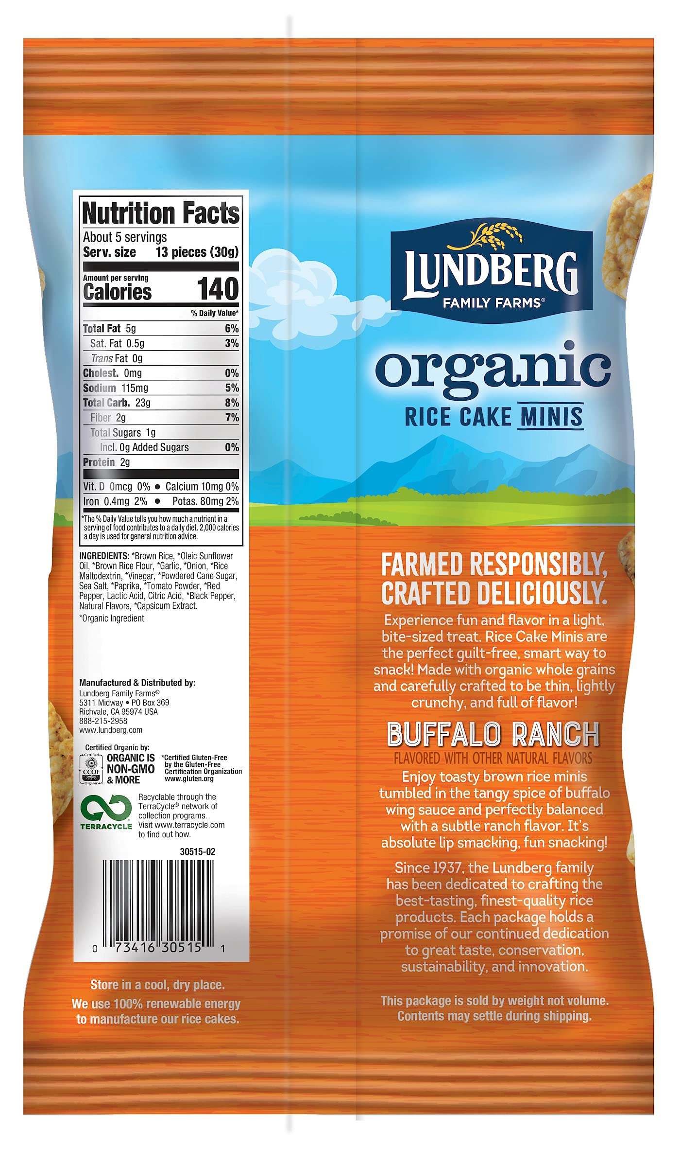 Lundberg Organic Buffalo Ranch Rice Cake Minis 5Oz Gluten-Free Whole Grain Vegan Usda Certified Organic Non-Gmo Project Verified