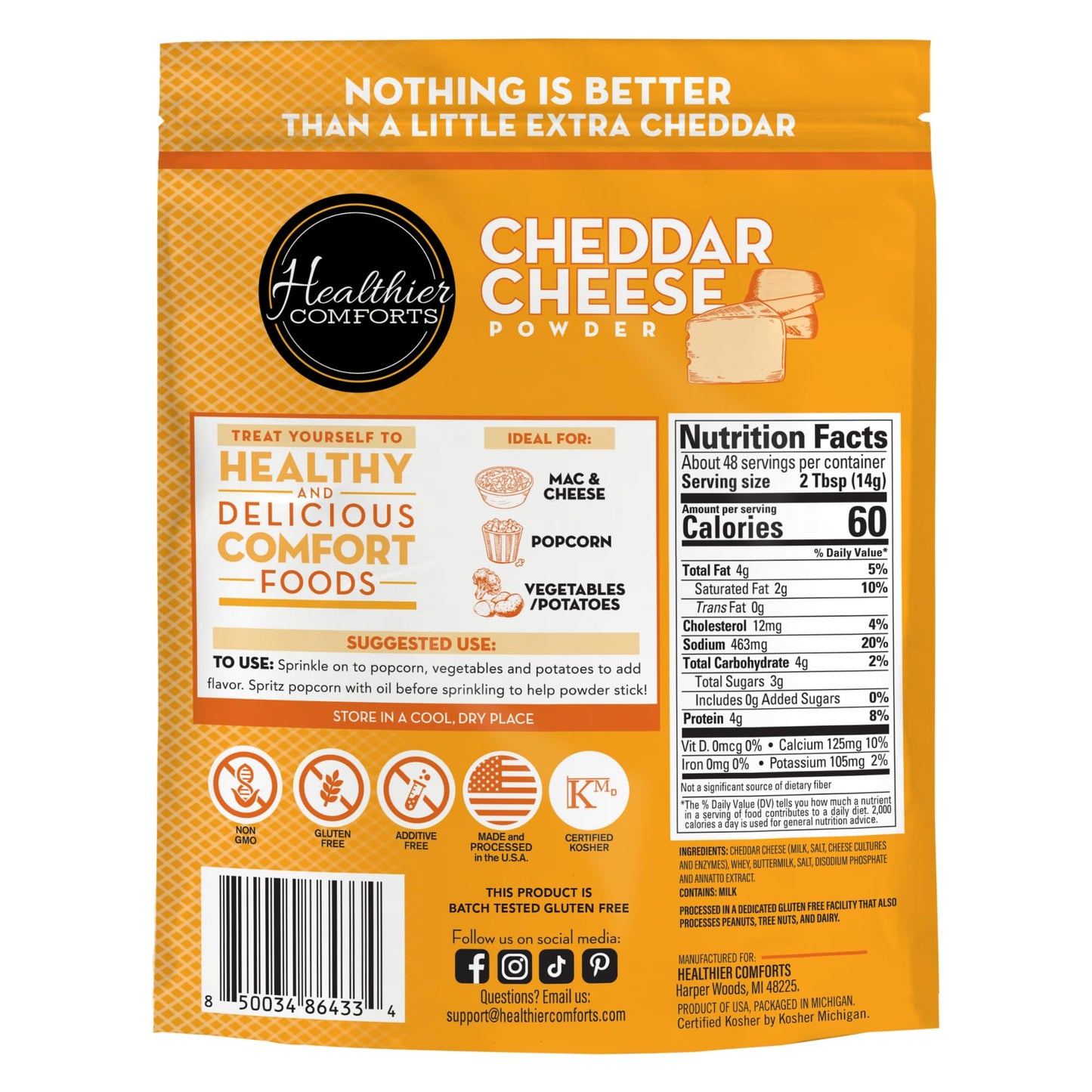 Healthier Comforts Cheddar Cheese Powder (1.5 Lb) | Premium Yellow Cheddar | Batch Tested Gluten Free, Kosher, No Artificial Dye