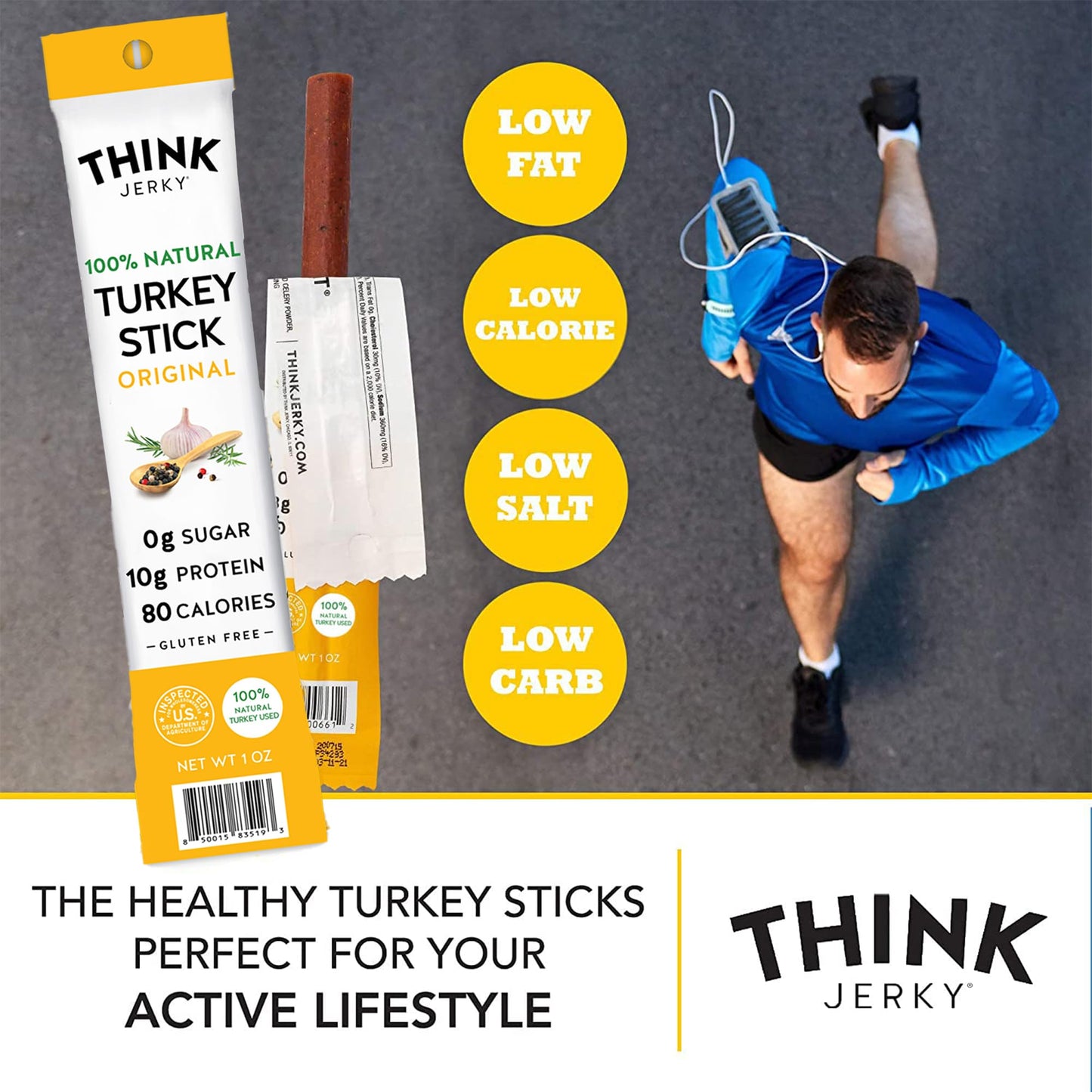 Think Jerky All-Natural Turkey Sticks, Sugar Free, Gluten Free, High Protein, 1 Ounce (Pack of 20)
