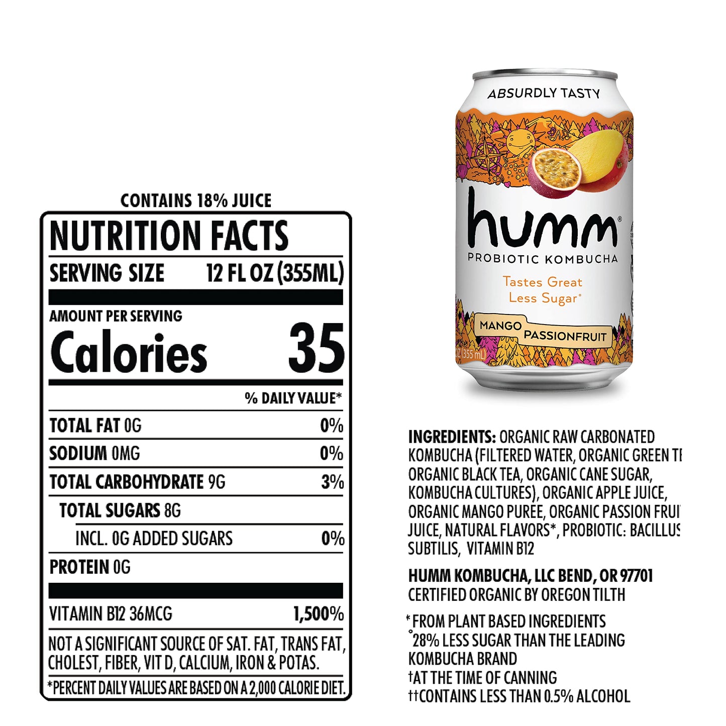 Humm Kombucha Mango Passionfruit - Organic, Vegan & Gmo-Free (12 Pack)
