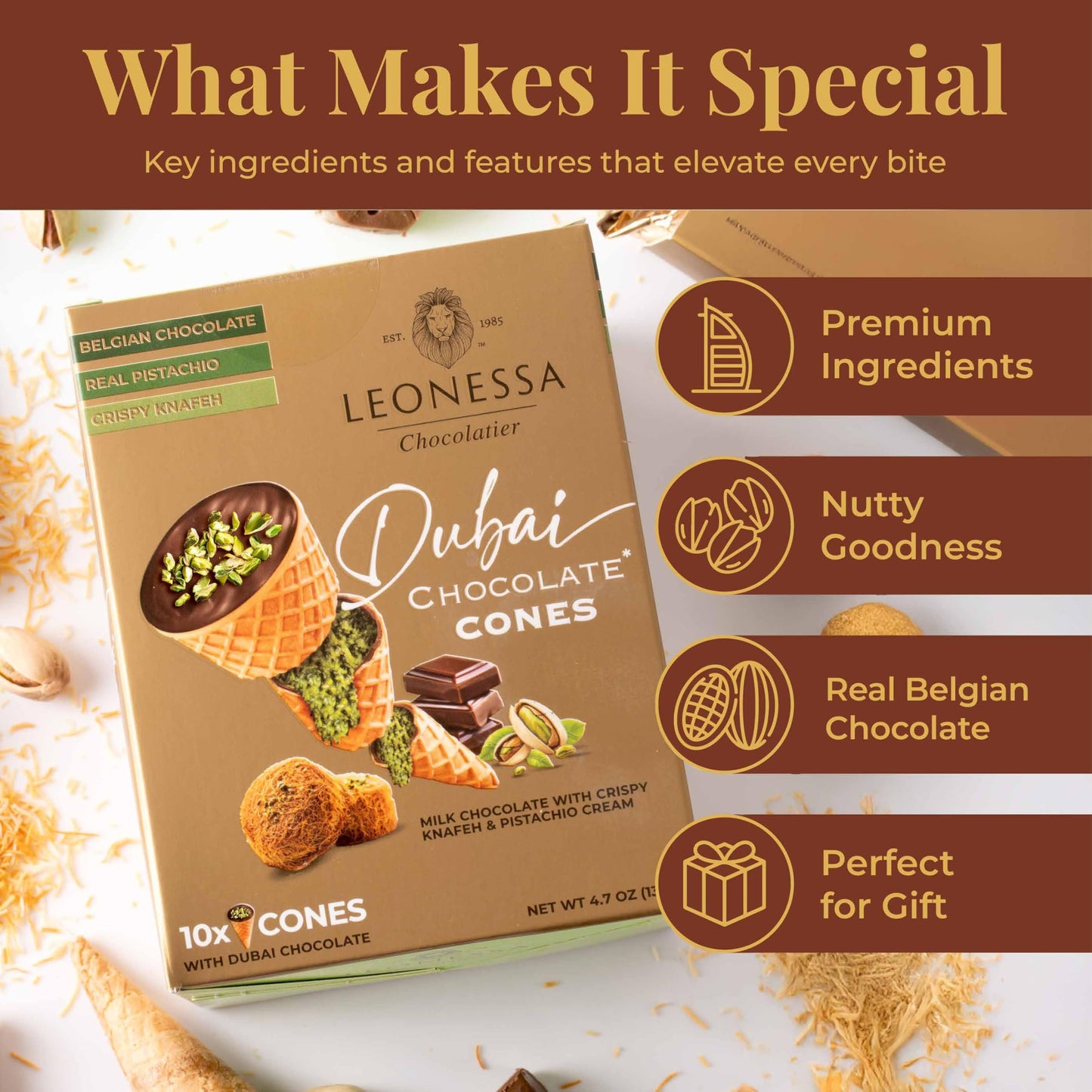 Leonessa Dubai Chocolate Cones with Pistachio Kunafa | Made with enhanced Belgian Chocolates | Kunafa Chocolate | Chocolates de Dubai - 4.7 oz