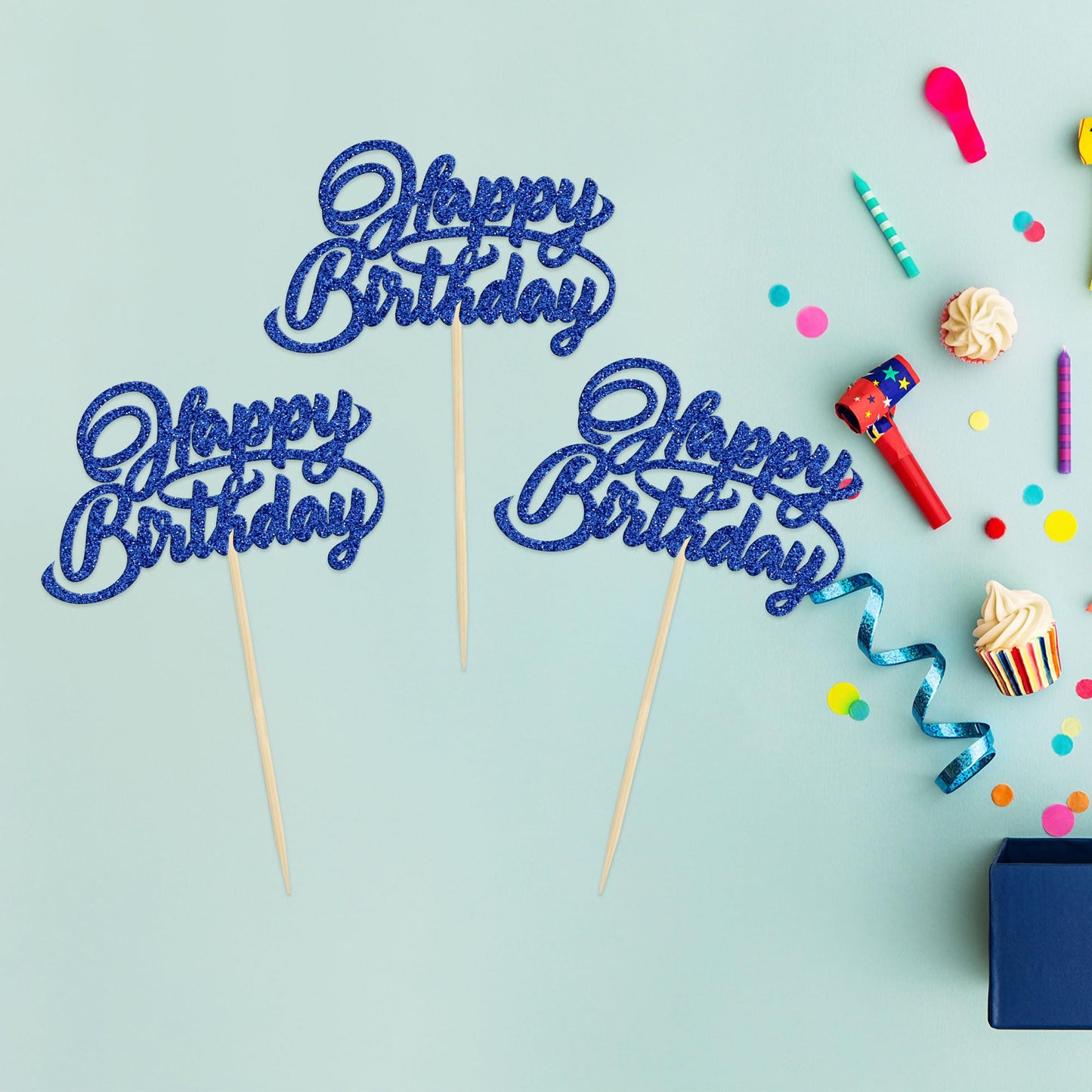 24Pcs Happy Birthday Cupcake Toppers Dark Blue Glitter Birthday Cupcake Food Picks For Celebrating Happy Birthday Party Cake Dec