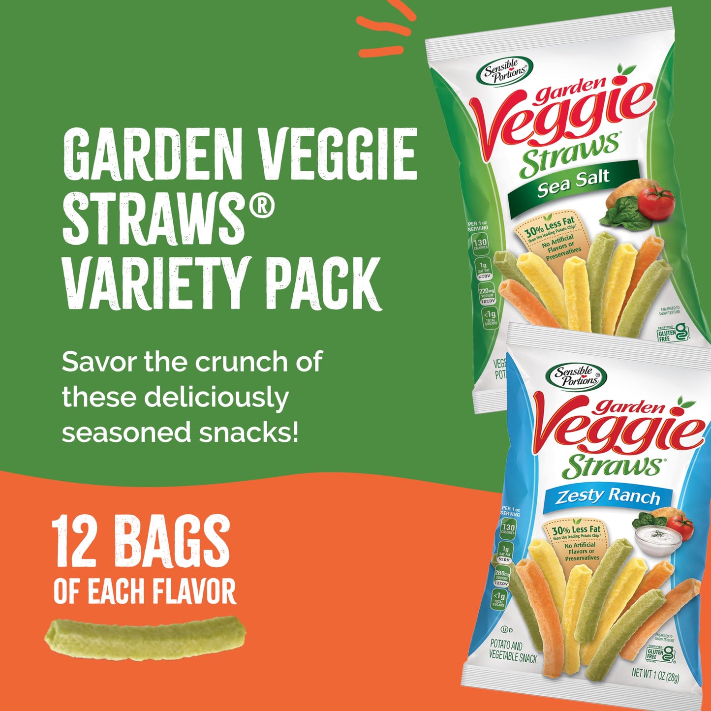 Sensible Portions Garden Veggie Straws, Snack Size Variety Pack, Sea Salt And Zesty Ranch, 1 Oz (Pack Of 24)