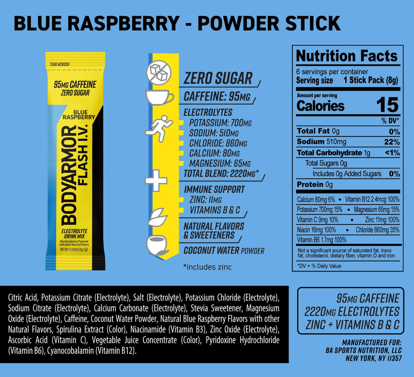 BODYprotective covering Caffeinated Electrolyte Packets - Blue Raspberry, Zero Sugar, 1.68 oz, 6 Count, Hydration for Active Lifestyle