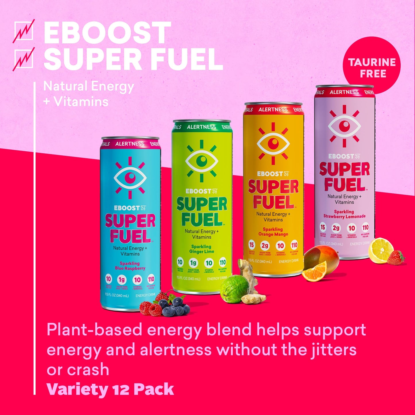 EBOOST Super Fuel Natural Energy Drink - Variety Pack  12 Pack - 3 x Orange Mango  Strawberry Lemonade  Ginger Lime  and Blue Raspberry - Natural Caffeine from Coffee and Green Tea