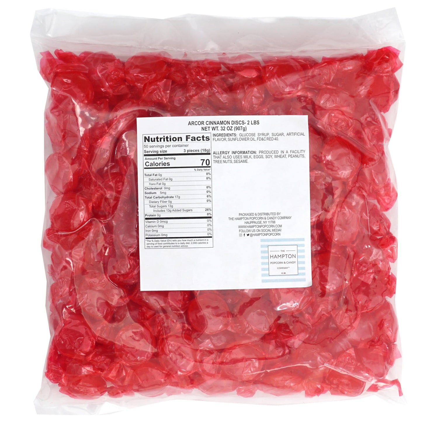 Arcor Cinnamon Discs Hard Candy, 2 Pound Bulk Candy (Approx. 150 Pcs.), Cinnamon, Red Candy