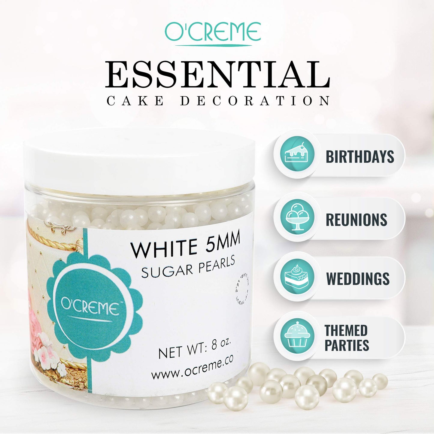 OCREME White Edible Sugar Pearls for Cake Decorating, 12mm, 8 Oz