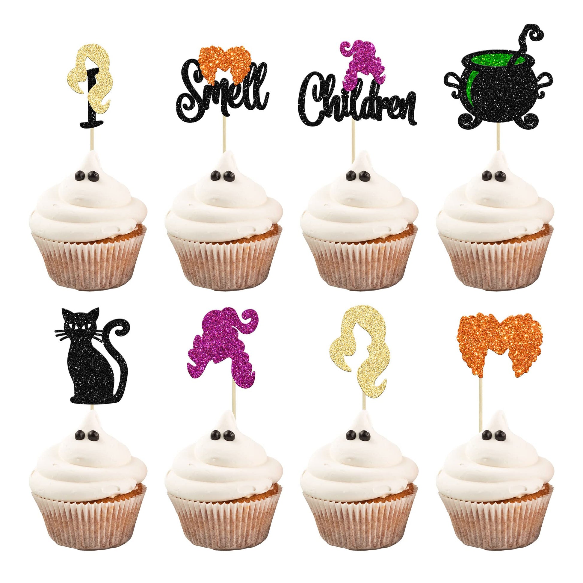 Gyufise 24Pcs Hcus Pous Cupcake Toppers Glitter Witch Hair I Smell Children Halloween Cupcake Picks For Halloween Hocus Pocus Th