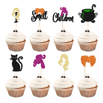 Gyufise 24Pcs Hcus Pous Cupcake Toppers Glitter Witch Hair I Smell Children Halloween Cupcake Picks For Halloween Hocus Pocus Th