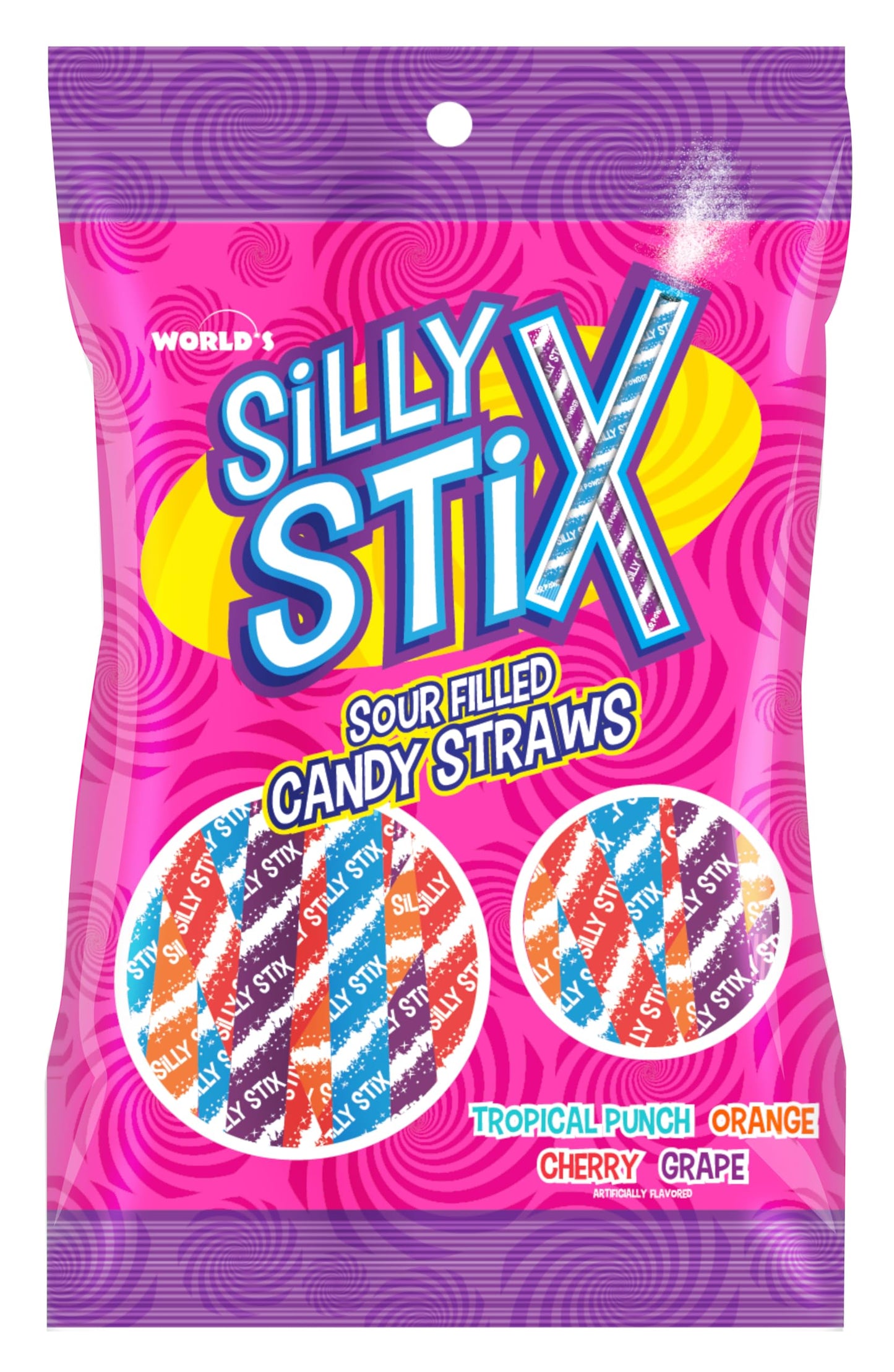 Silly Stix Sour Filled Candy Straws - 2.75 oz Bag - Pack of 2 - Variety of Flavors - Tropical Punch, Orange, Cherry, and Grape -