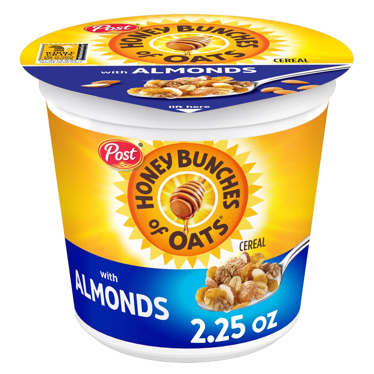 Post Honey Bunches Of Oats With Almonds Breakfast Cereal, Honey Cereal With Granola Clusters And Sliced Almonds, Small Cereal Cup Size For Easy On-The-Go Breakfast, 2.25 Oz Cereal Cup