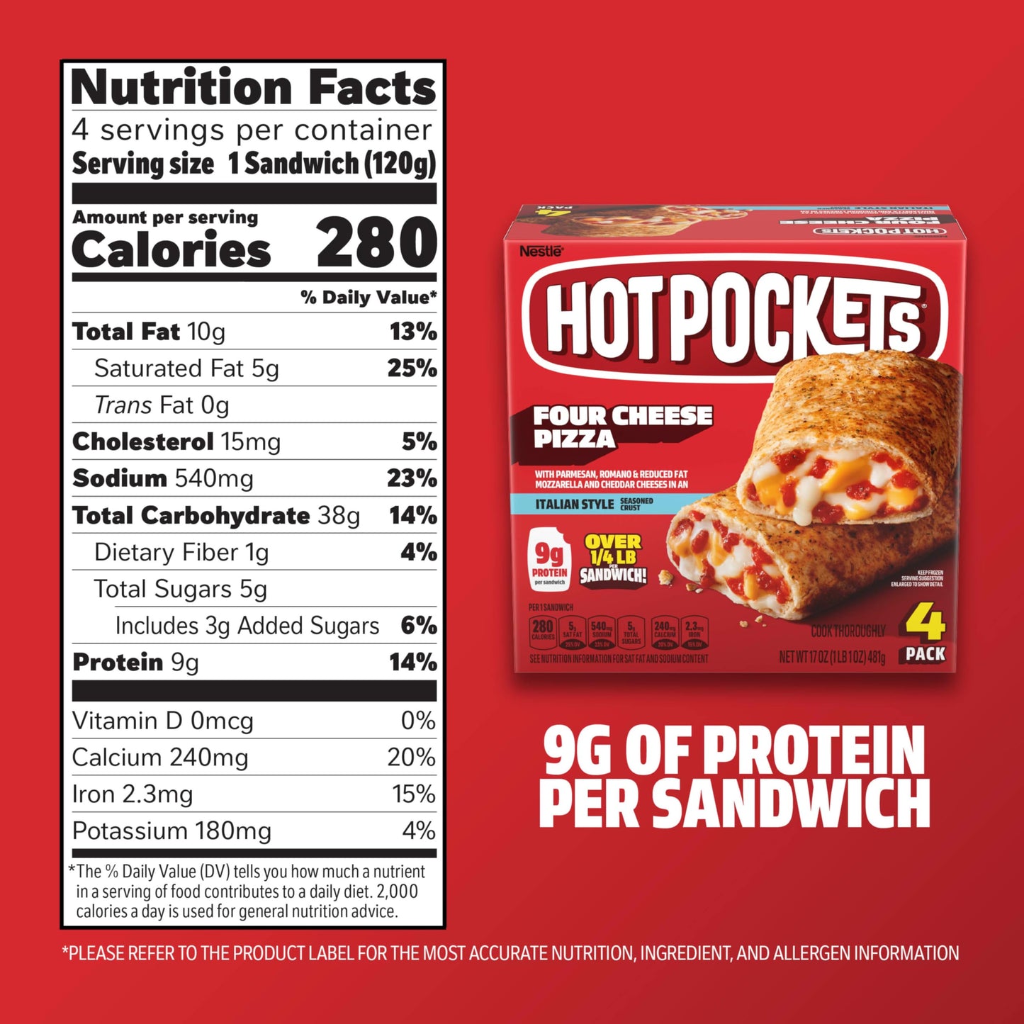 Hot Pockets Four Cheese Pizza, Pizza Pockets, Pizza Snacks, Frozen Air Fryer Snacks, 9g Protein, Frozen Sandwiches, 4-Pack