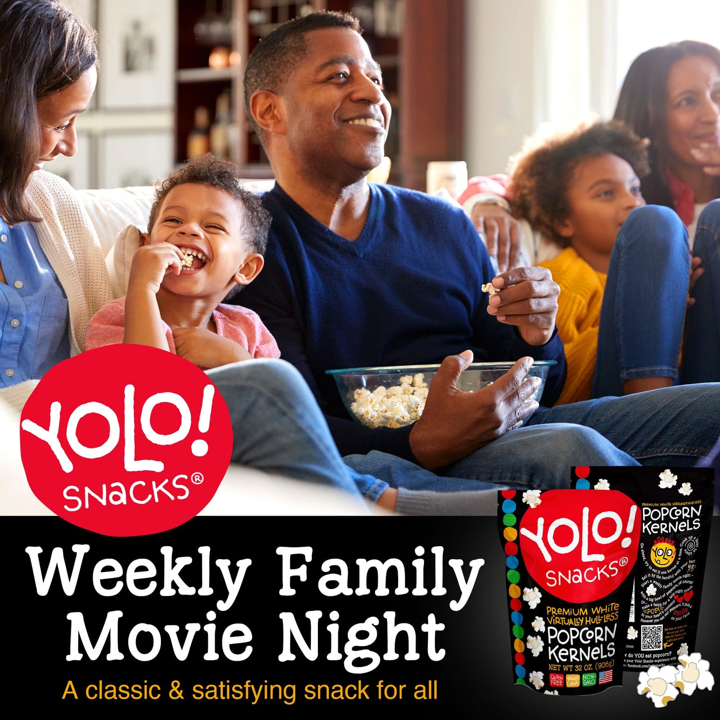 YOLO! Gourmet Hulless Popcorn Kernels, Non-GMO, Gluten-Free, Vegan, 32 Oz Resealable Bag