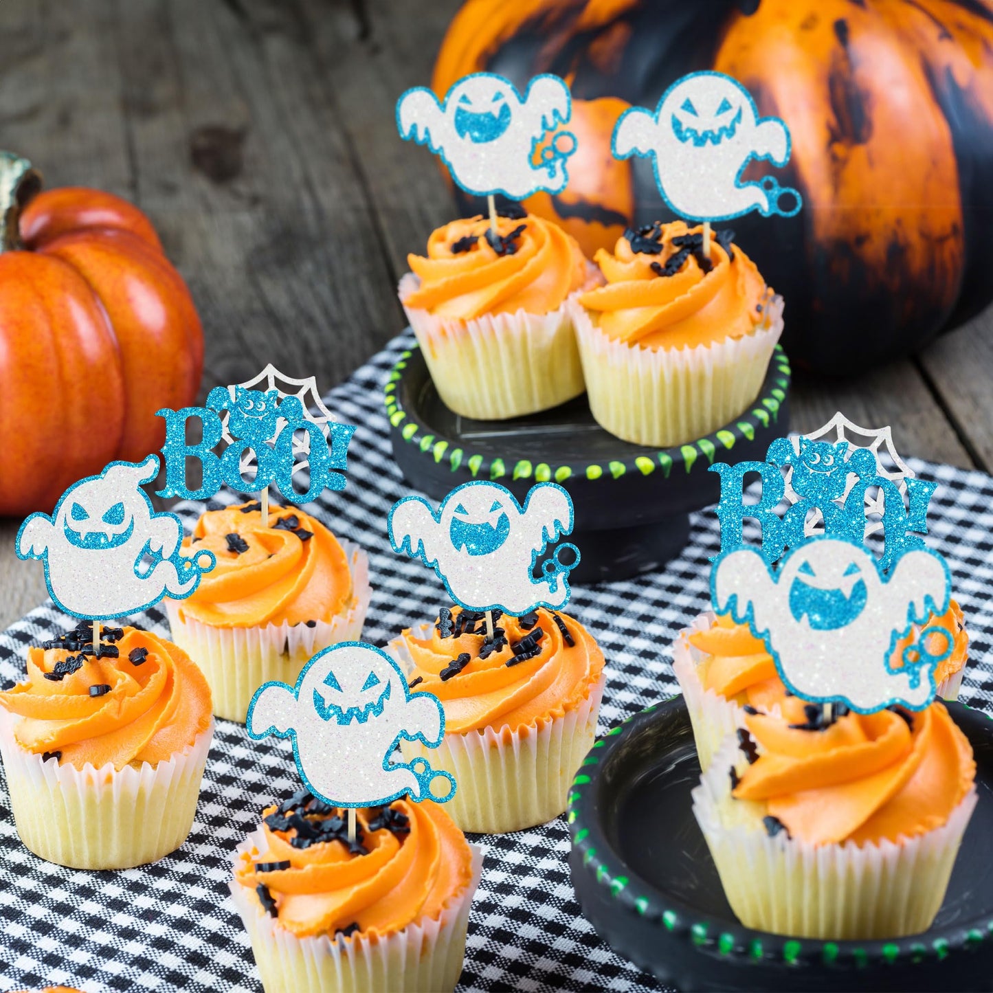 24Pcs Halloween Ghost Cupcake Toppers Blue Glitter Halloween Boo Cake Decorations Halloween Baby Shower Cake Picks For Halloween