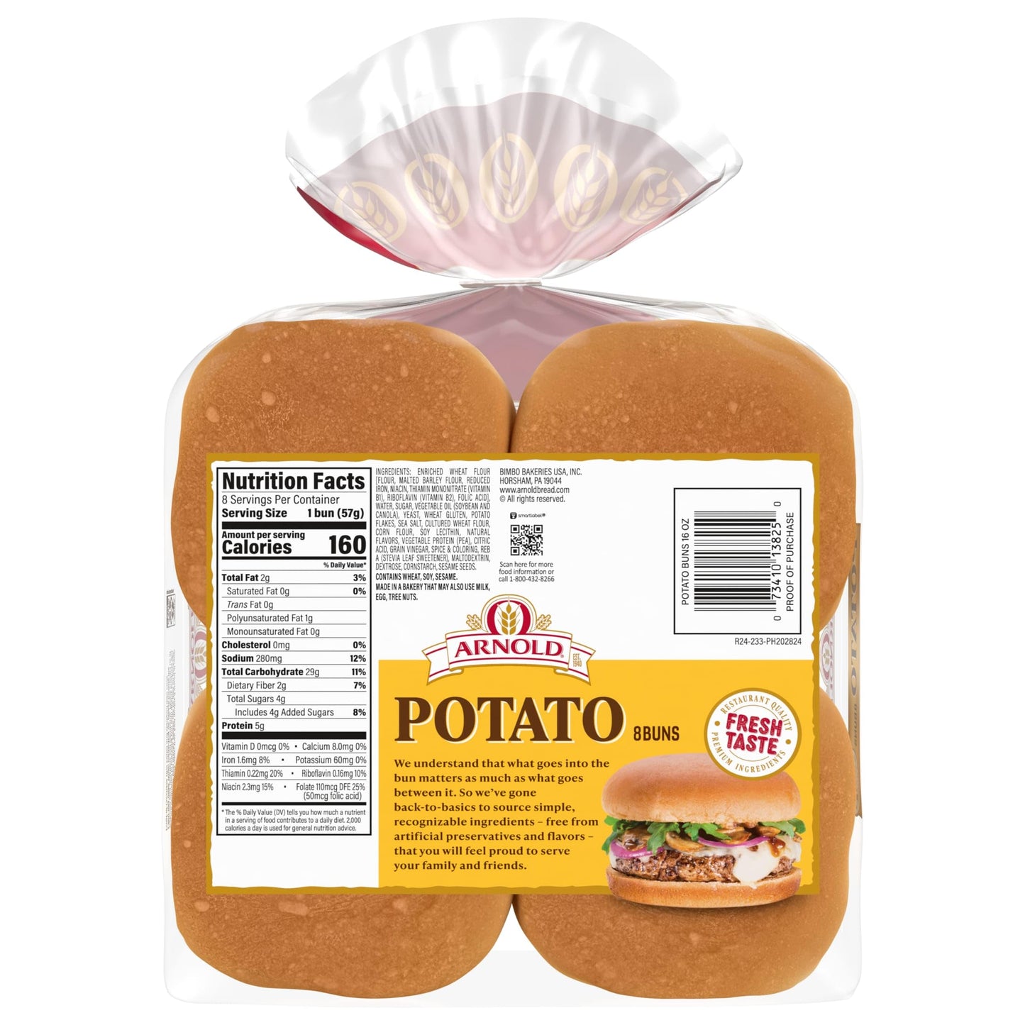 Arnold Potato Buns, 8 count, (2.0 oz each), Hamburger Buns, 16 oz Bag