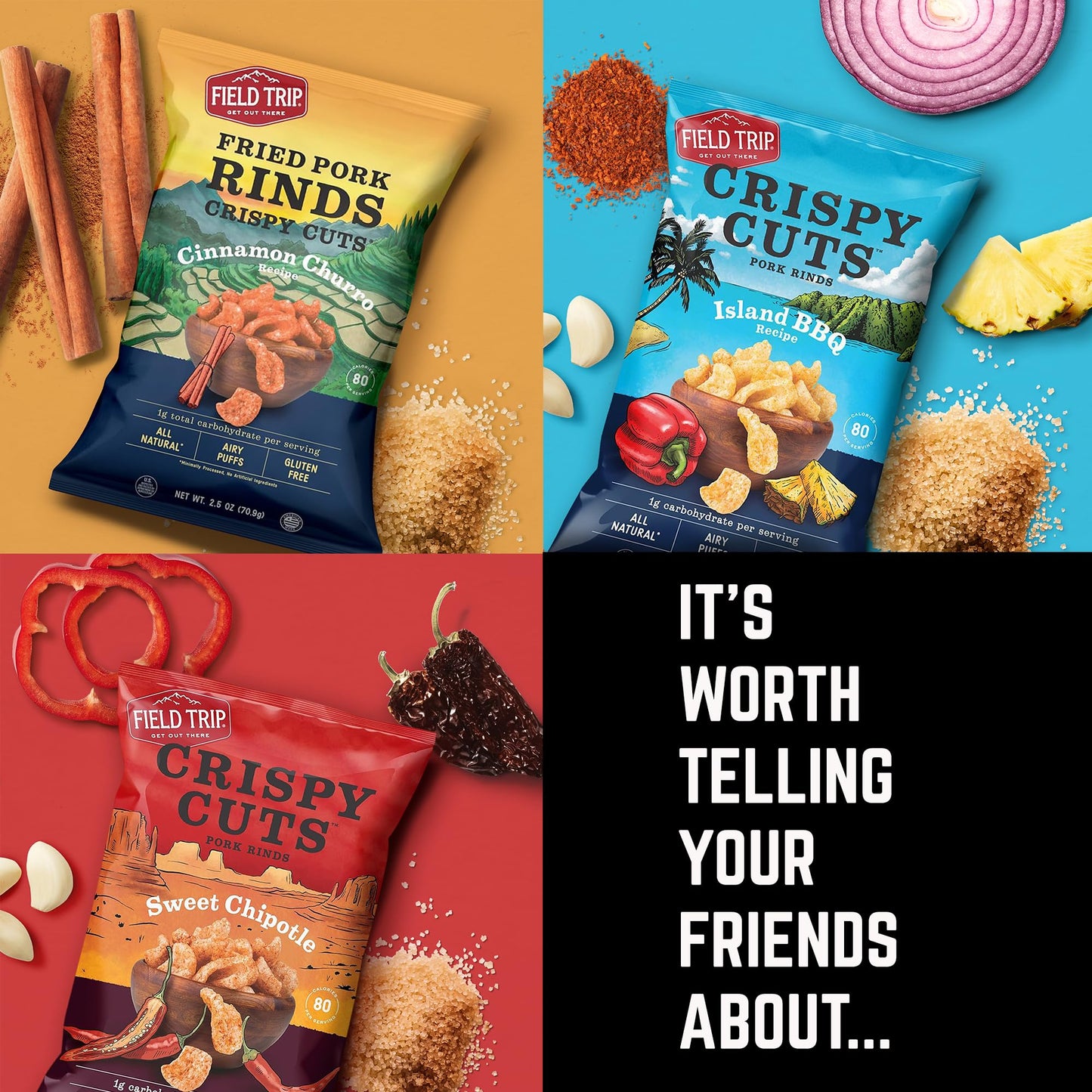 Field Trip Pork Rinds Variety Pack, Gluten Free, High Protein, Low Carb, 6 Flavors, 1oz Bags, Paleo and Keto Friendly