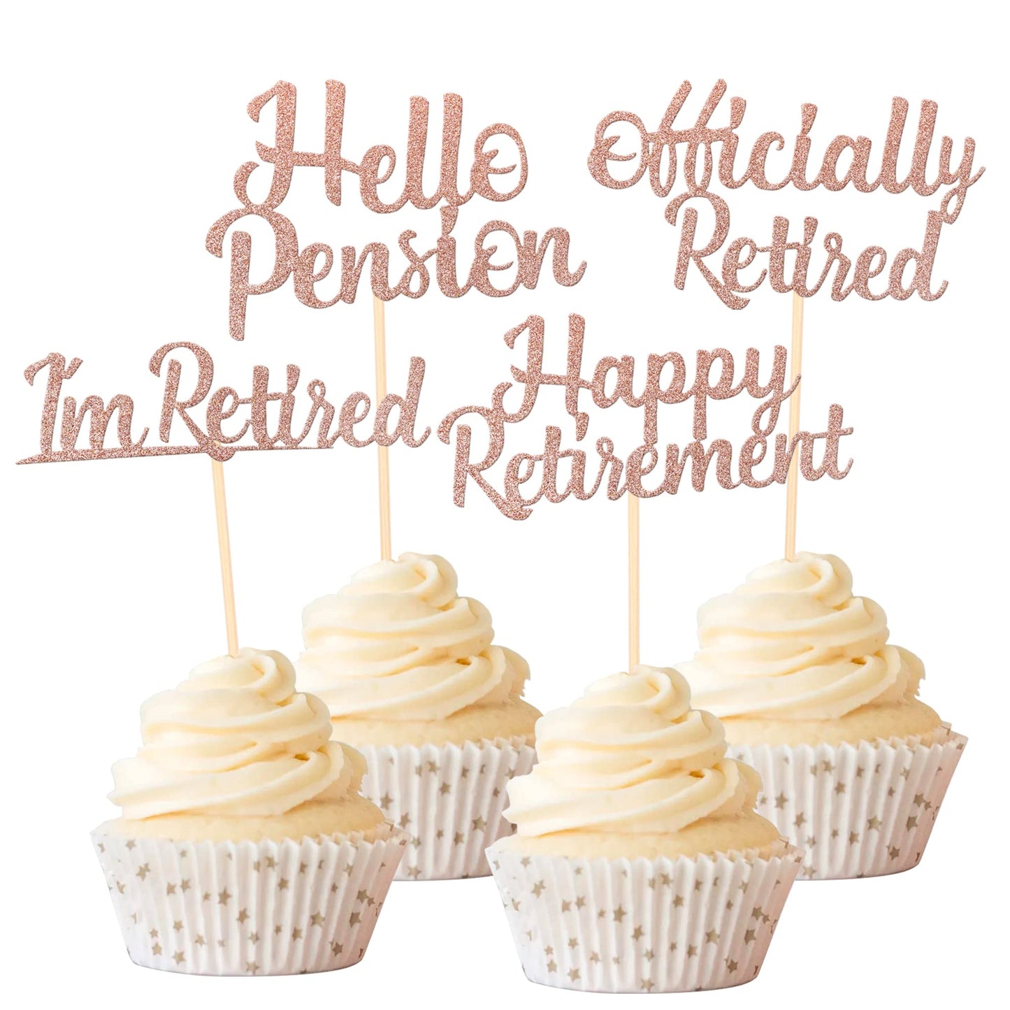 Rsstarxi Cupcake Toppers, 24 Pack, Glitter Retirement Theme, Rose Gold, Model XM014-Rose Gold