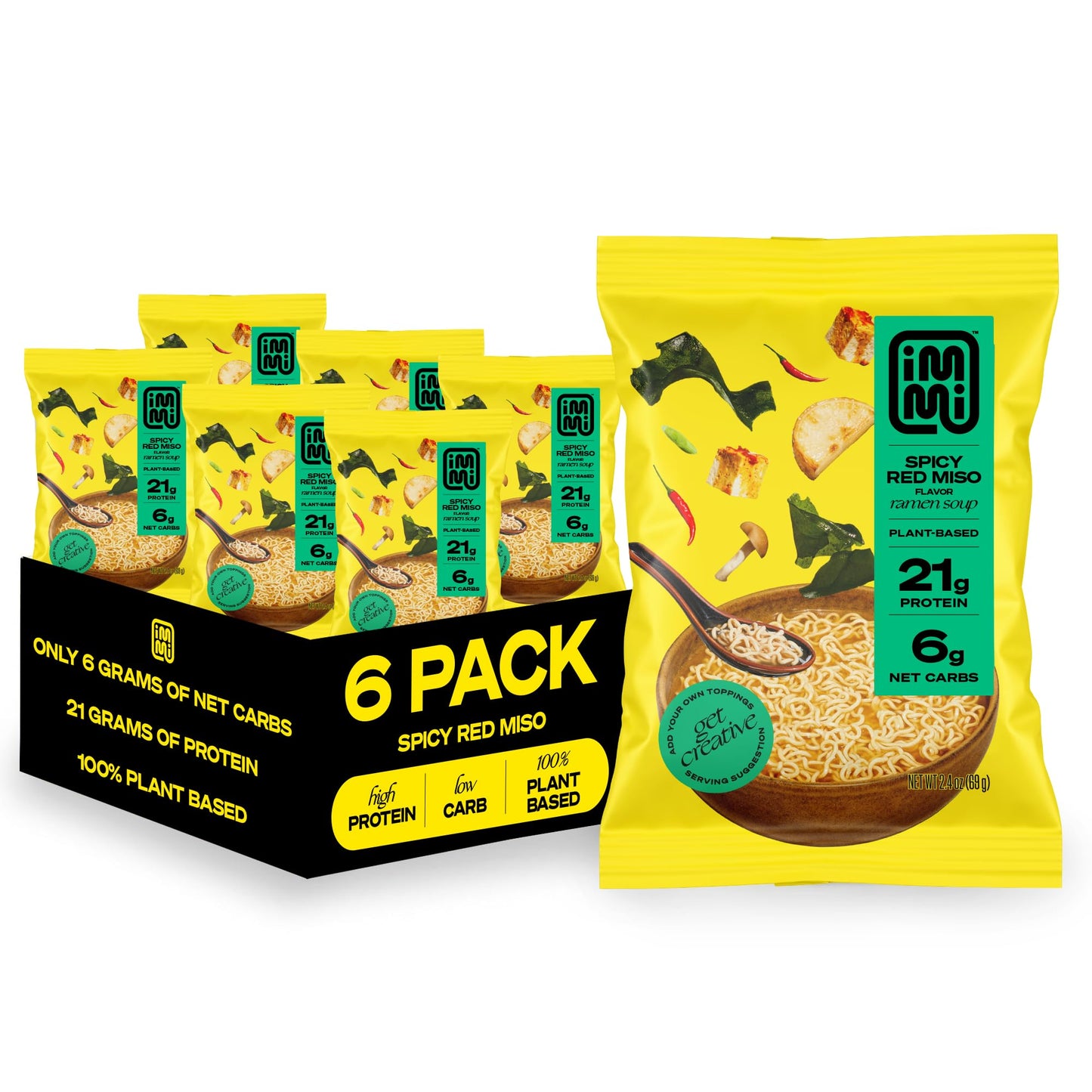 Immi Spicy Red Miso Ramen, 100% Plant Based, Keto Friendly, Low Carb, High Protein, Packaged Noodle Meal Kit, Ready To Eat, 6 Pa